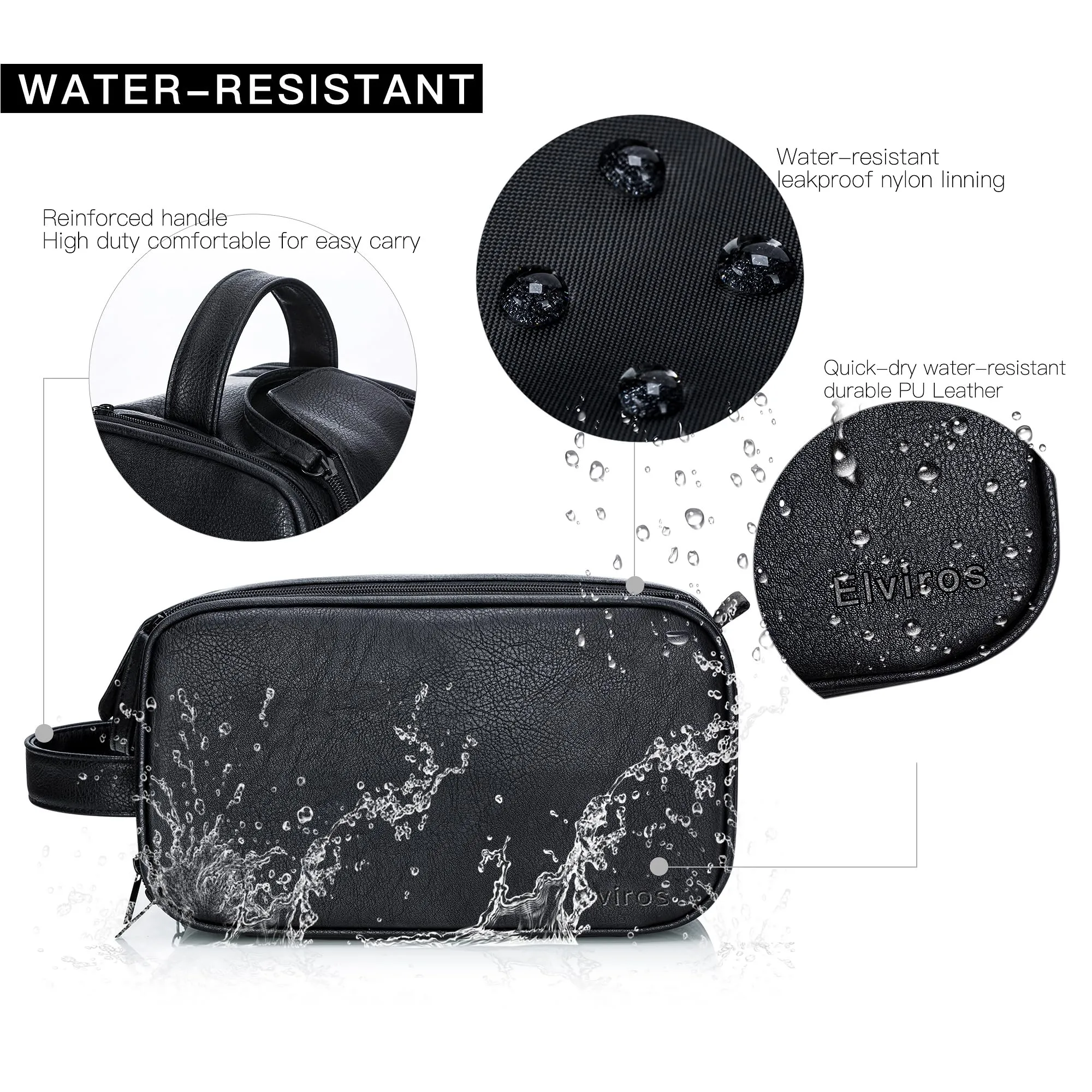 Elviros Toiletry Bag for Men, Large Travel Shaving Dopp Kit Water-resistant Bathroom Toiletries Organizer PU Leather Cosmetic Bags (Medium, Black)