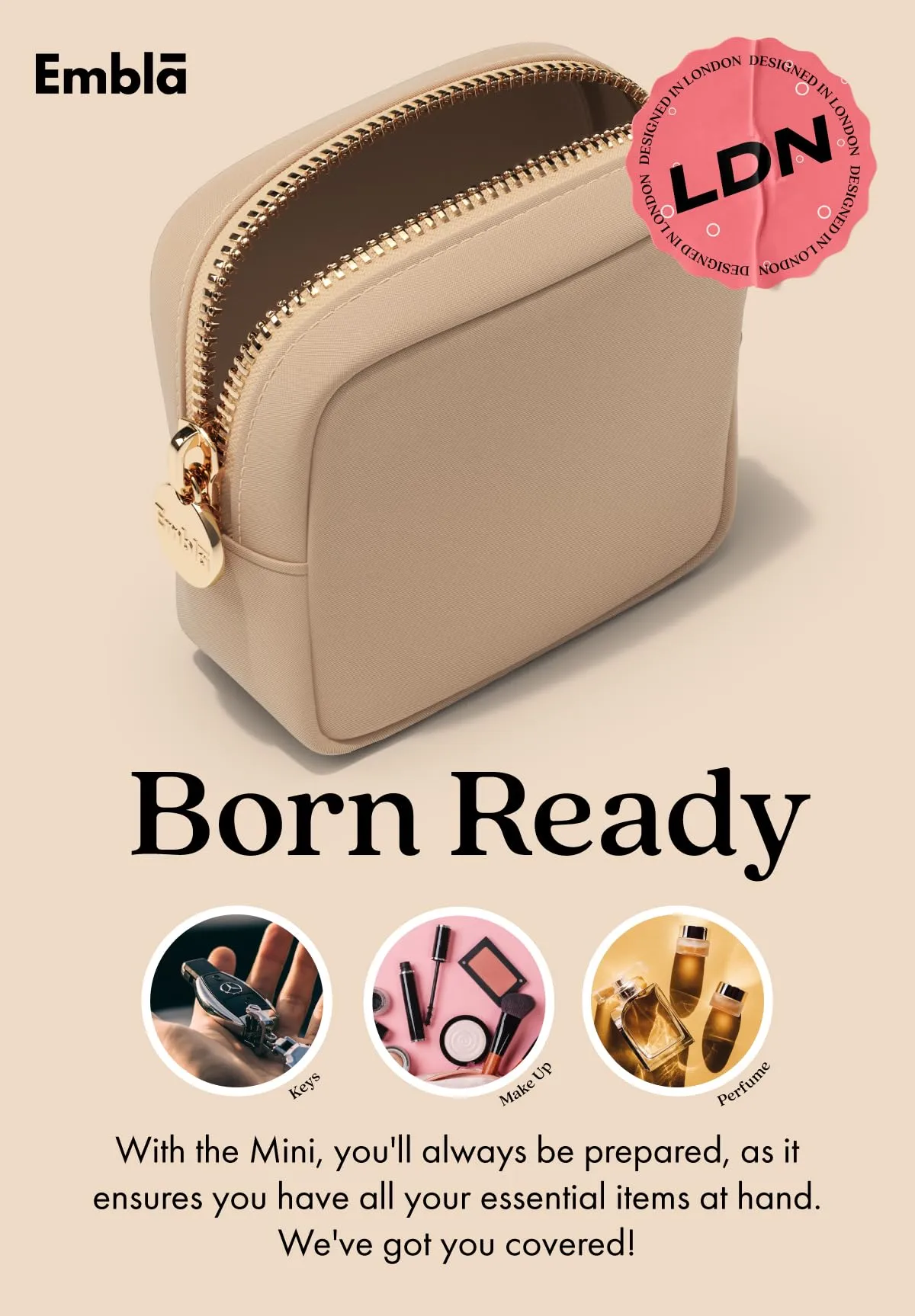 Embla Makeup Bag Travel Cosmetics Pouch and Toiletry Bag, Nylon Zipper Pouch Purse, Cute Make Up Organizer Storage Tote for Women Girls, Waterproof Travel Skincare Case, Small Makeup Bags, Honey Beige