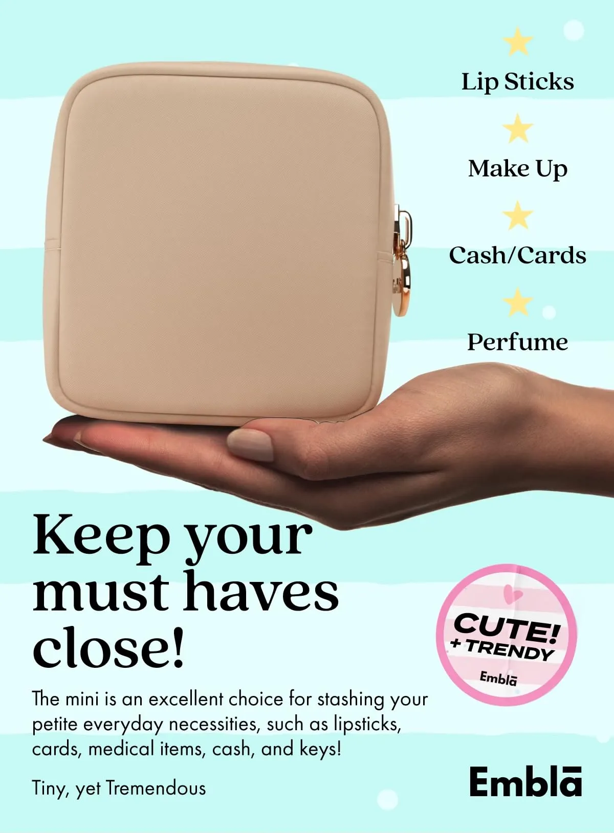 Embla Makeup Bag Travel Cosmetics Pouch and Toiletry Bag, Nylon Zipper Pouch Purse, Cute Make Up Organizer Storage Tote for Women Girls, Waterproof Travel Skincare Case, Small Makeup Bags, Honey Beige