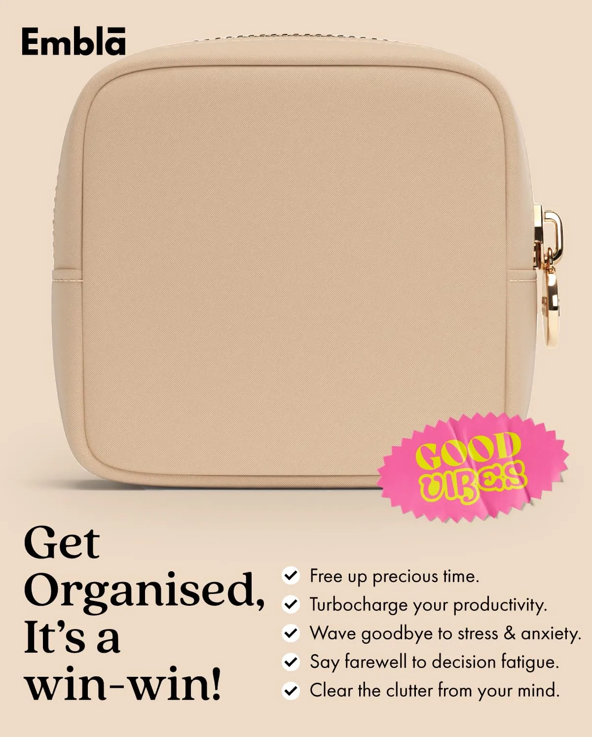 Embla Makeup Bag Travel Cosmetics Pouch and Toiletry Bag, Nylon Zipper Pouch Purse, Cute Make Up Organizer Storage Tote for Women Girls, Waterproof Travel Skincare Case, Small Makeup Bags, Honey Beige