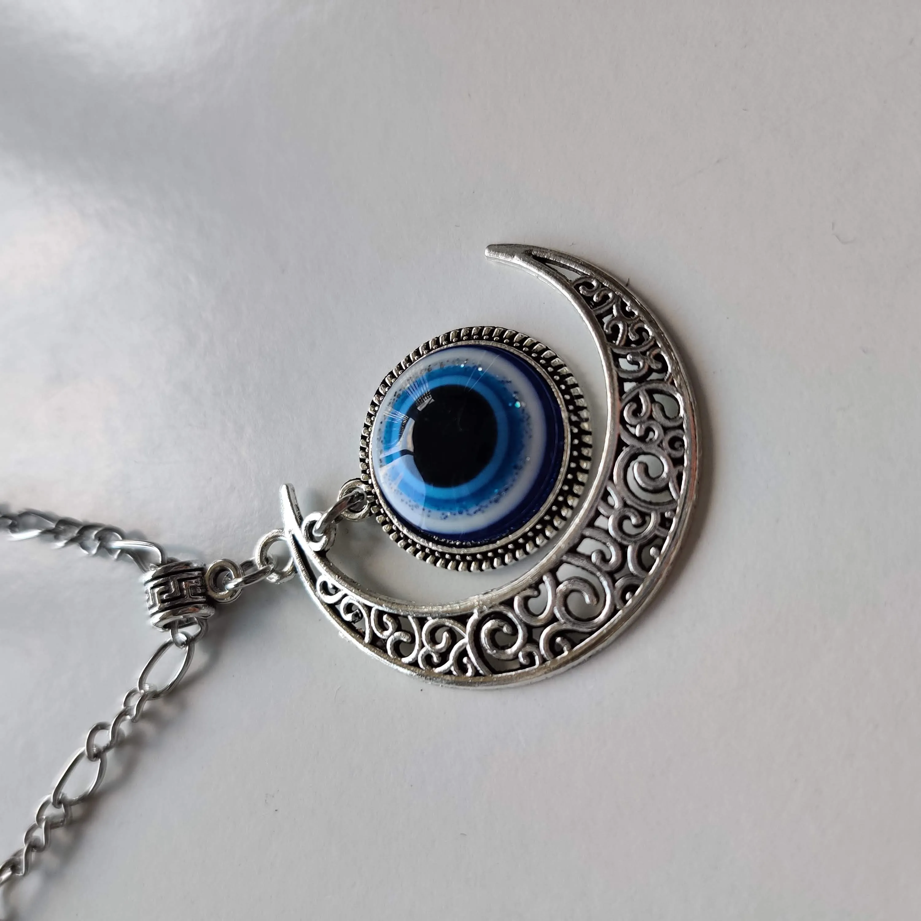 Evil Eye Moon Pendant with Silver Chain