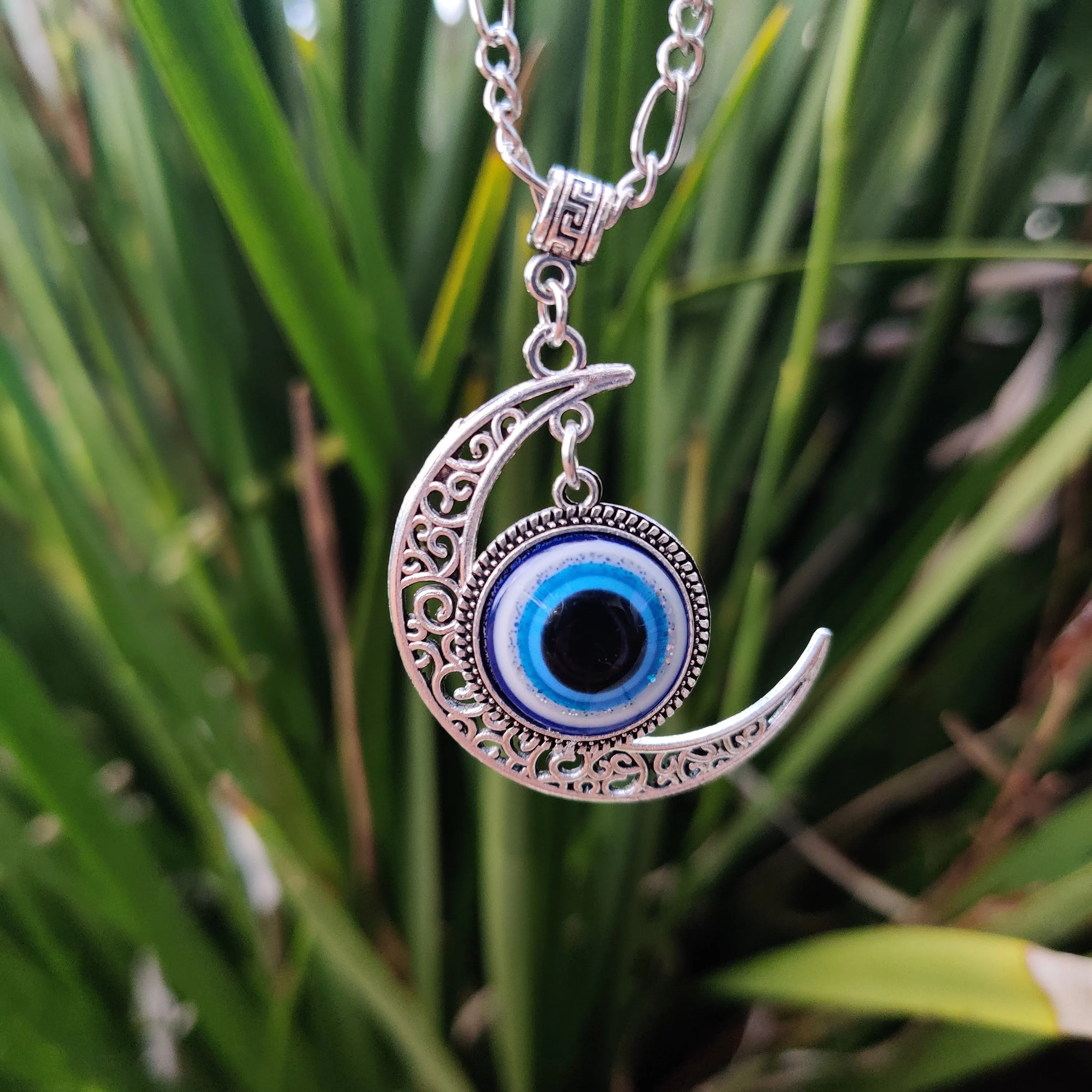 Evil Eye Moon Pendant with Silver Chain