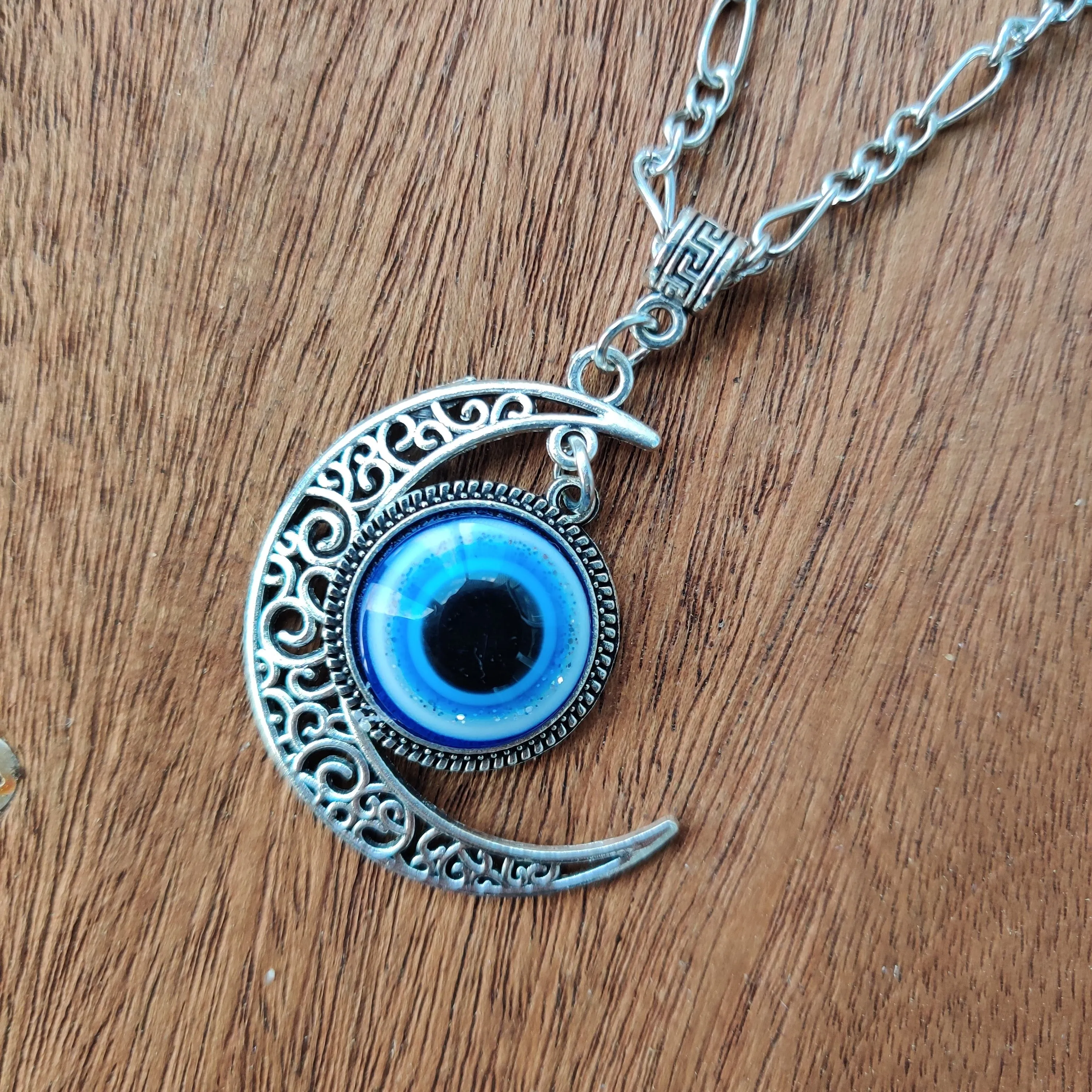 Evil Eye Moon Pendant with Silver Chain