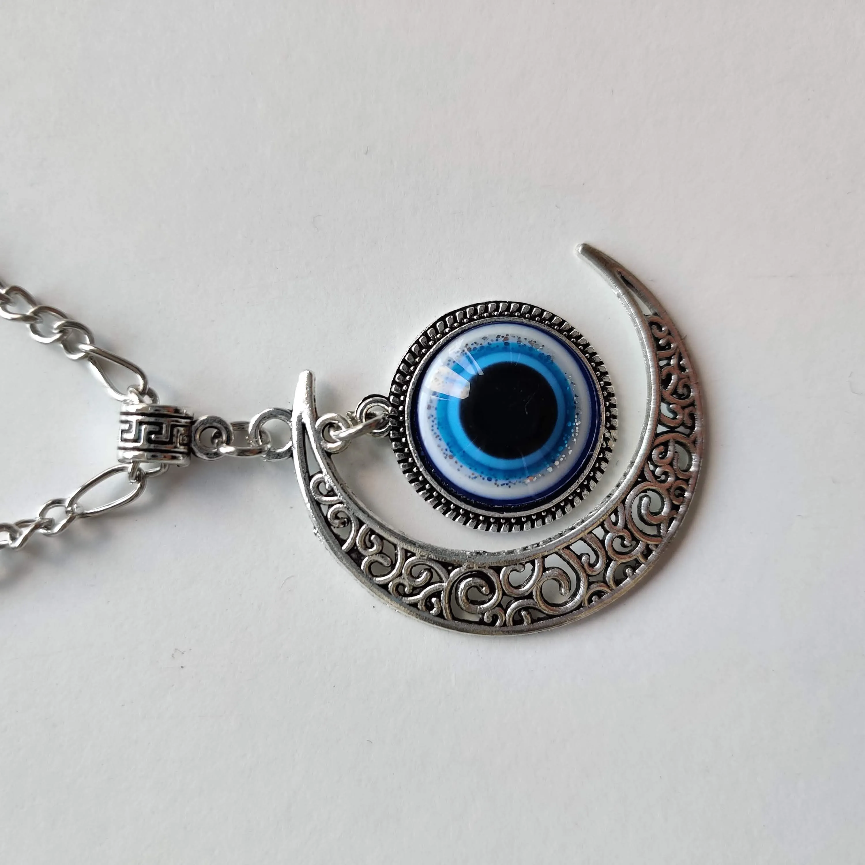 Evil Eye Moon Pendant with Silver Chain