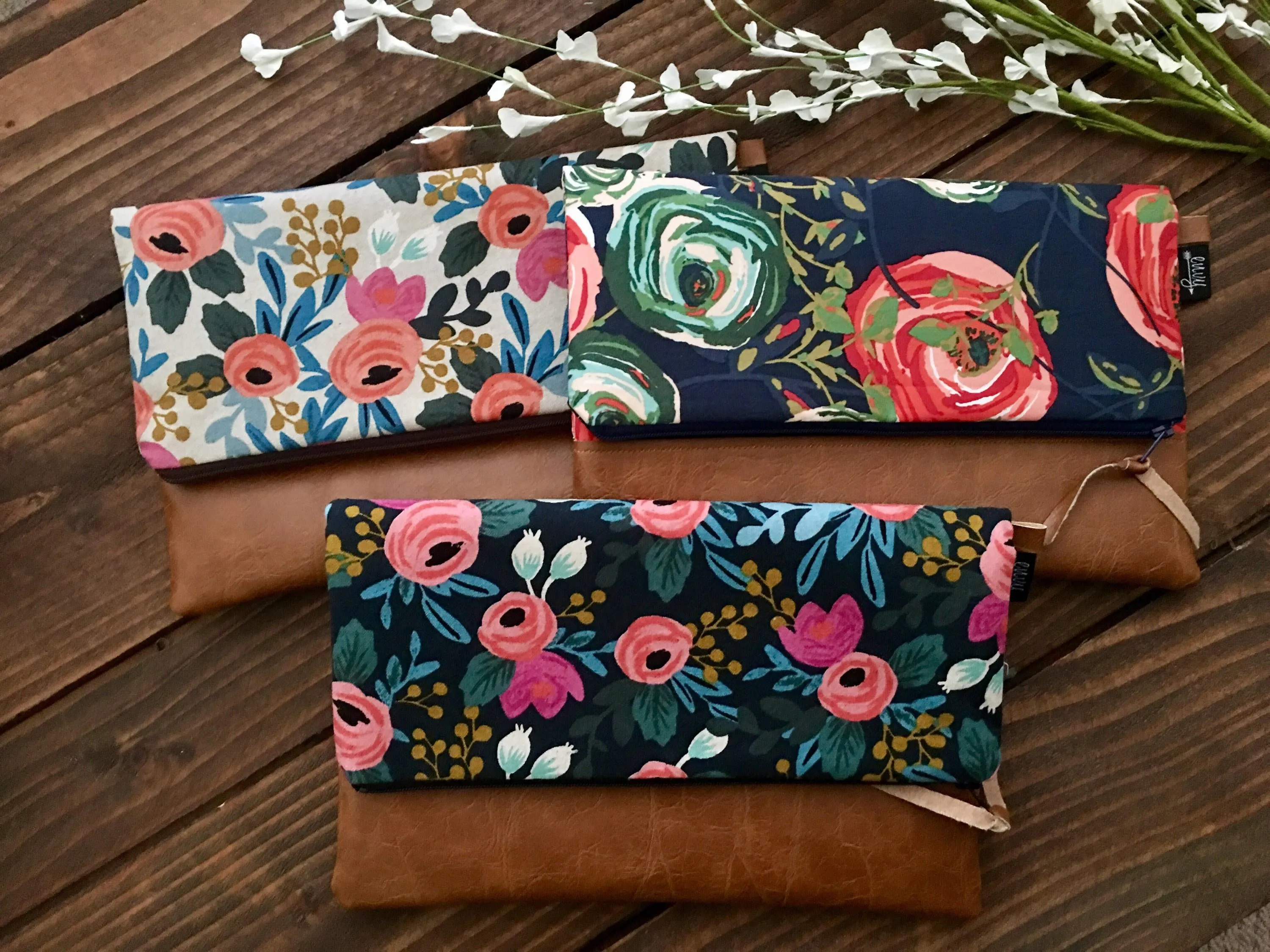 Fold Over Clutch - Coral Floral In Midnight with Vegan Leather - Detachable Wristlet