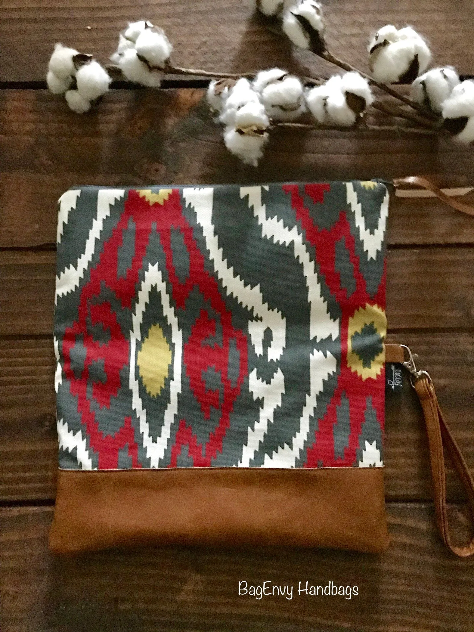 Fold Over Clutch - Sherpa Ikat with Vegan Leather - Detachable Wristlet