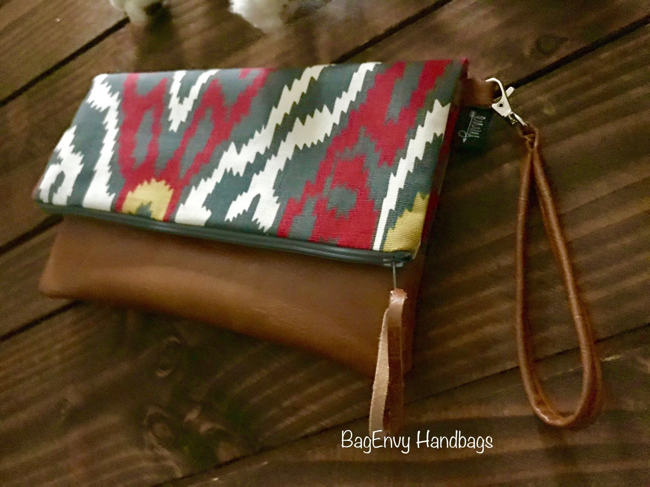 Fold Over Clutch - Sherpa Ikat with Vegan Leather - Detachable Wristlet