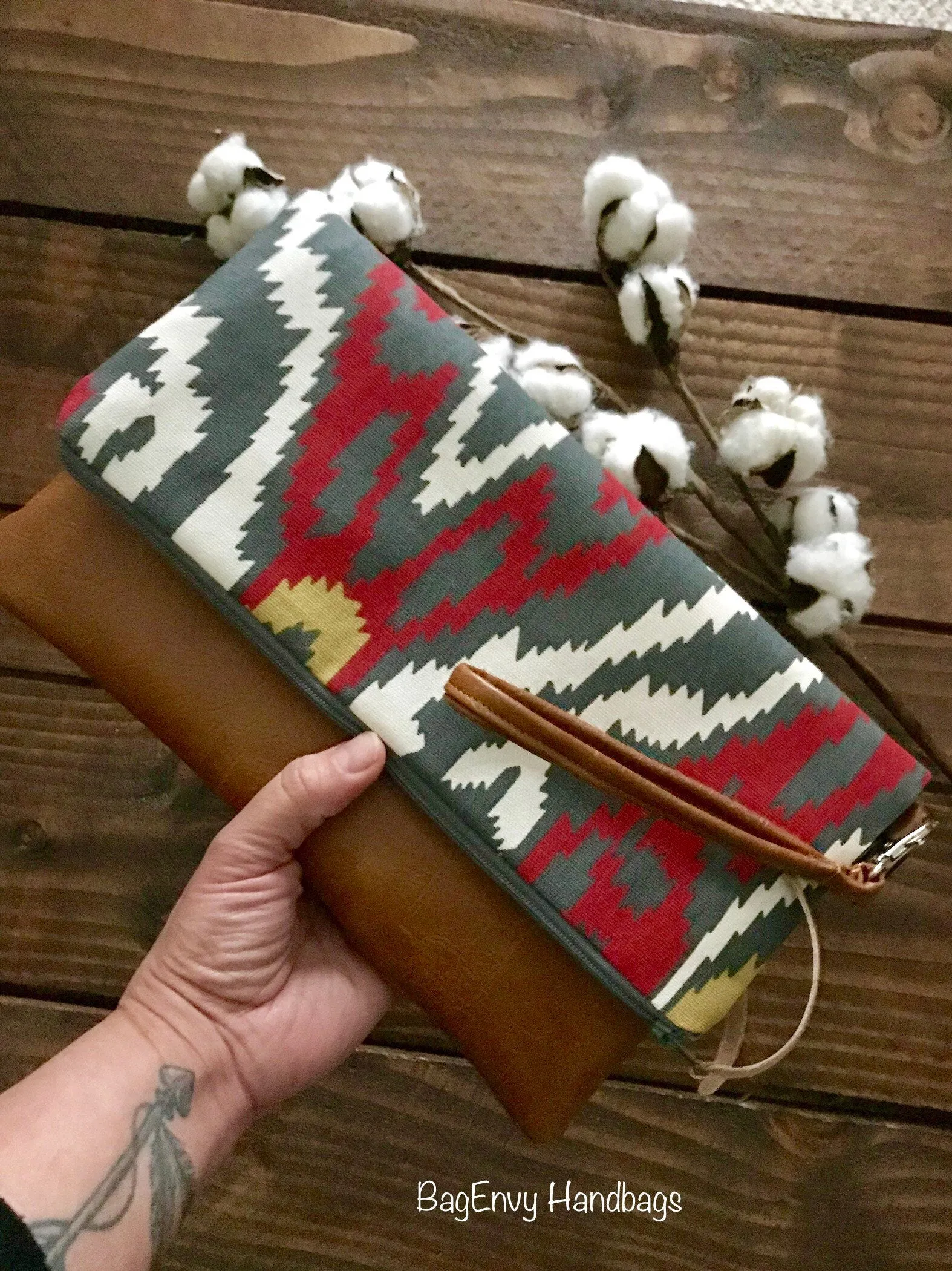 Fold Over Clutch - Sherpa Ikat with Vegan Leather - Detachable Wristlet