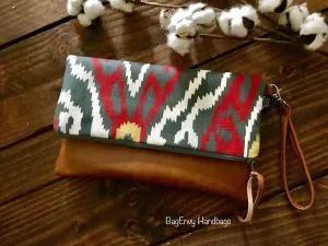 Fold Over Clutch - Sherpa Ikat with Vegan Leather - Detachable Wristlet