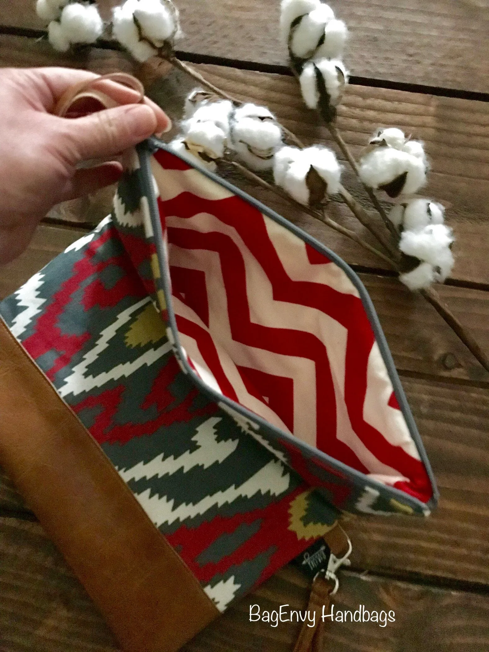 Fold Over Clutch - Sherpa Ikat with Vegan Leather - Detachable Wristlet