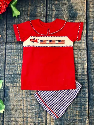 Fourth of July airplane flying with flags smocked short set