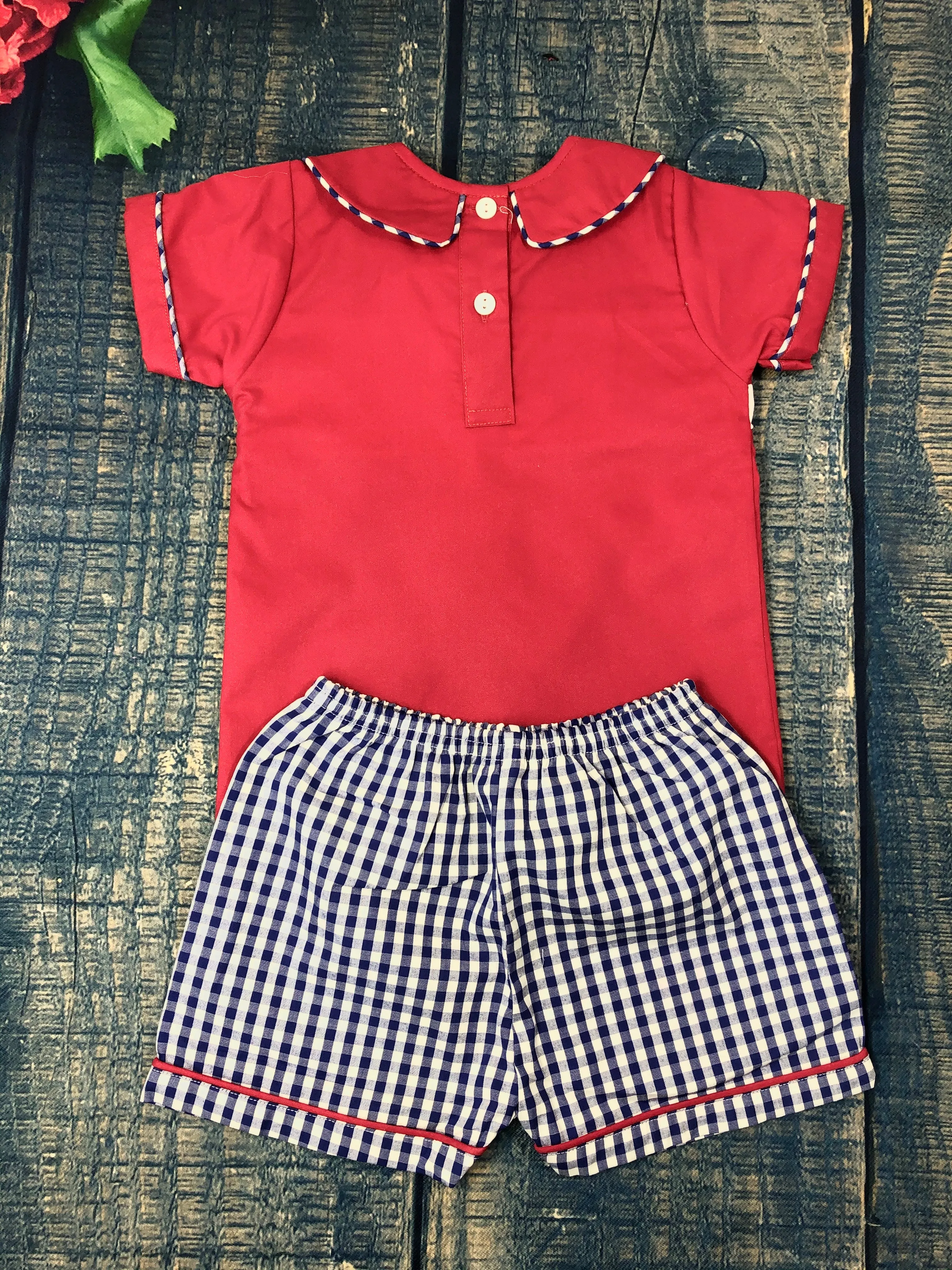 Fourth of July airplane flying with flags smocked short set