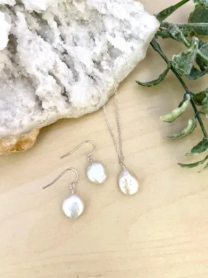 Freshwater Coin Pearl Necklace and Earring Gift Set in Sterling Silver