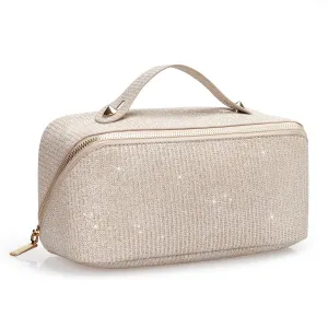 Glitter Travel Makeup Bag,Large Capacity Cosmetic Bags for Women,Stylish Open Flat Toiletry Pouch with Divider and Handle