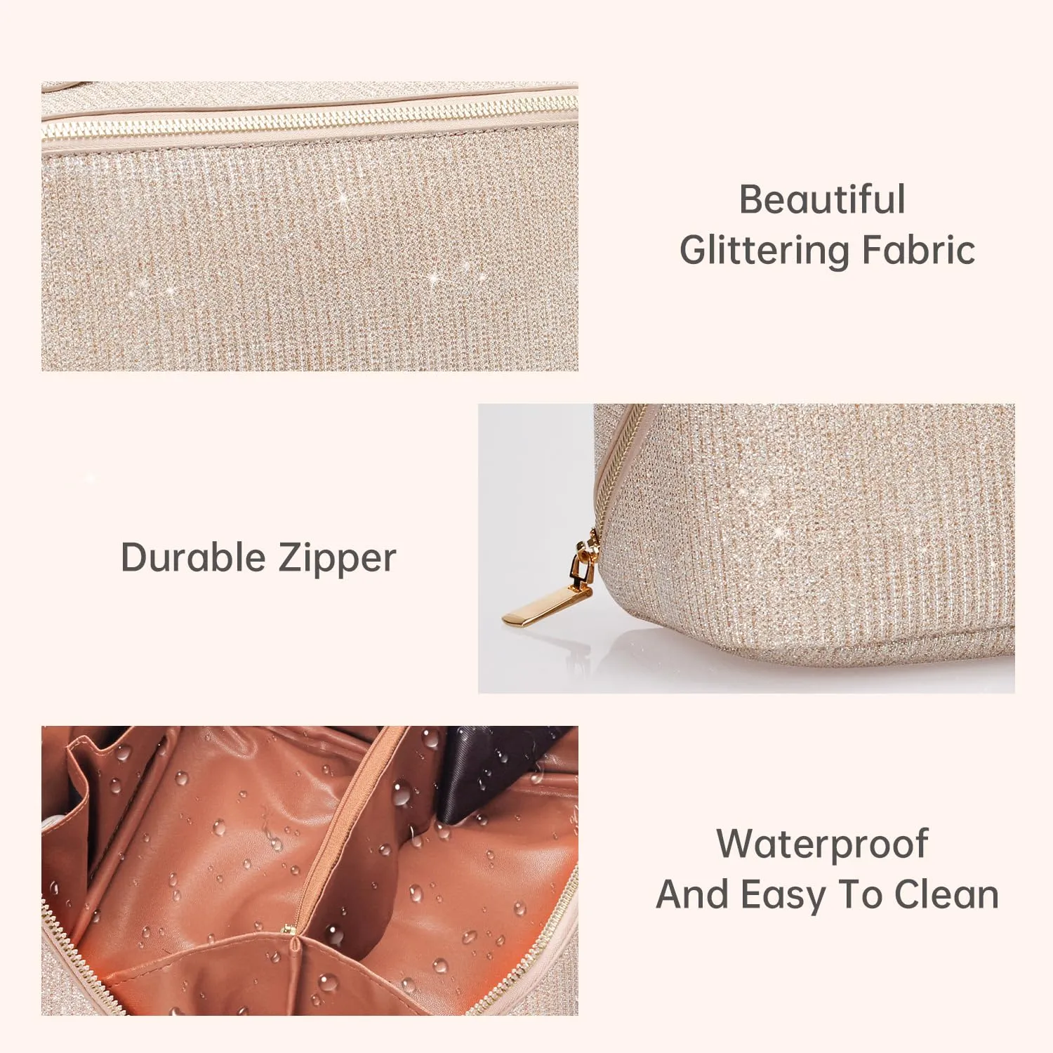 Glitter Travel Makeup Bag,Large Capacity Cosmetic Bags for Women,Stylish Open Flat Toiletry Pouch with Divider and Handle