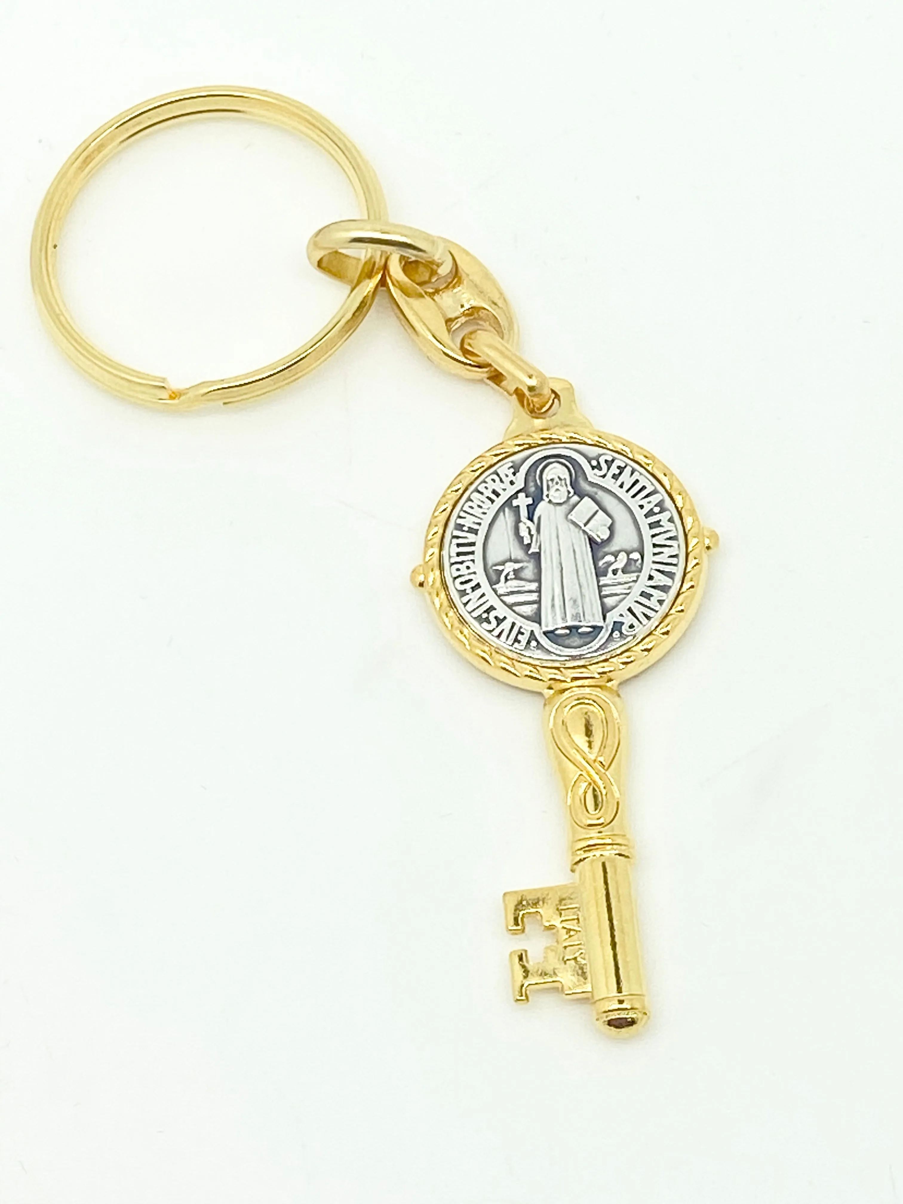 Gold Key Shaped  St. Benedict Keychain