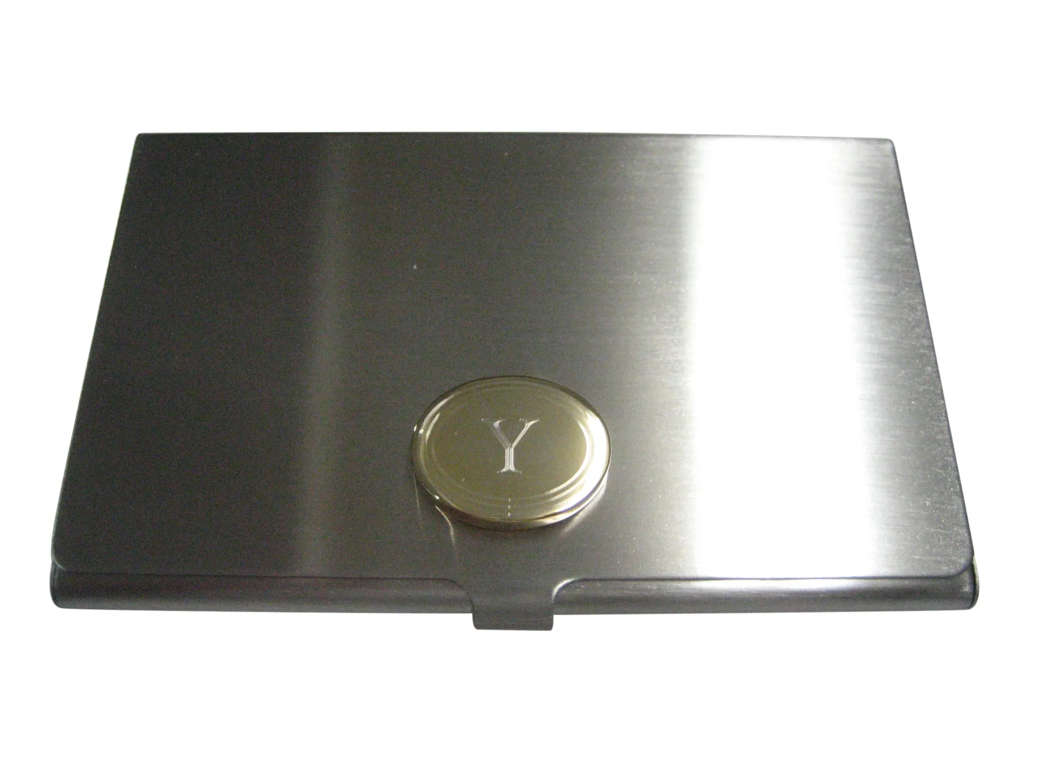 Gold Toned Etched Oval Letter Y Monogram Business Card Holder