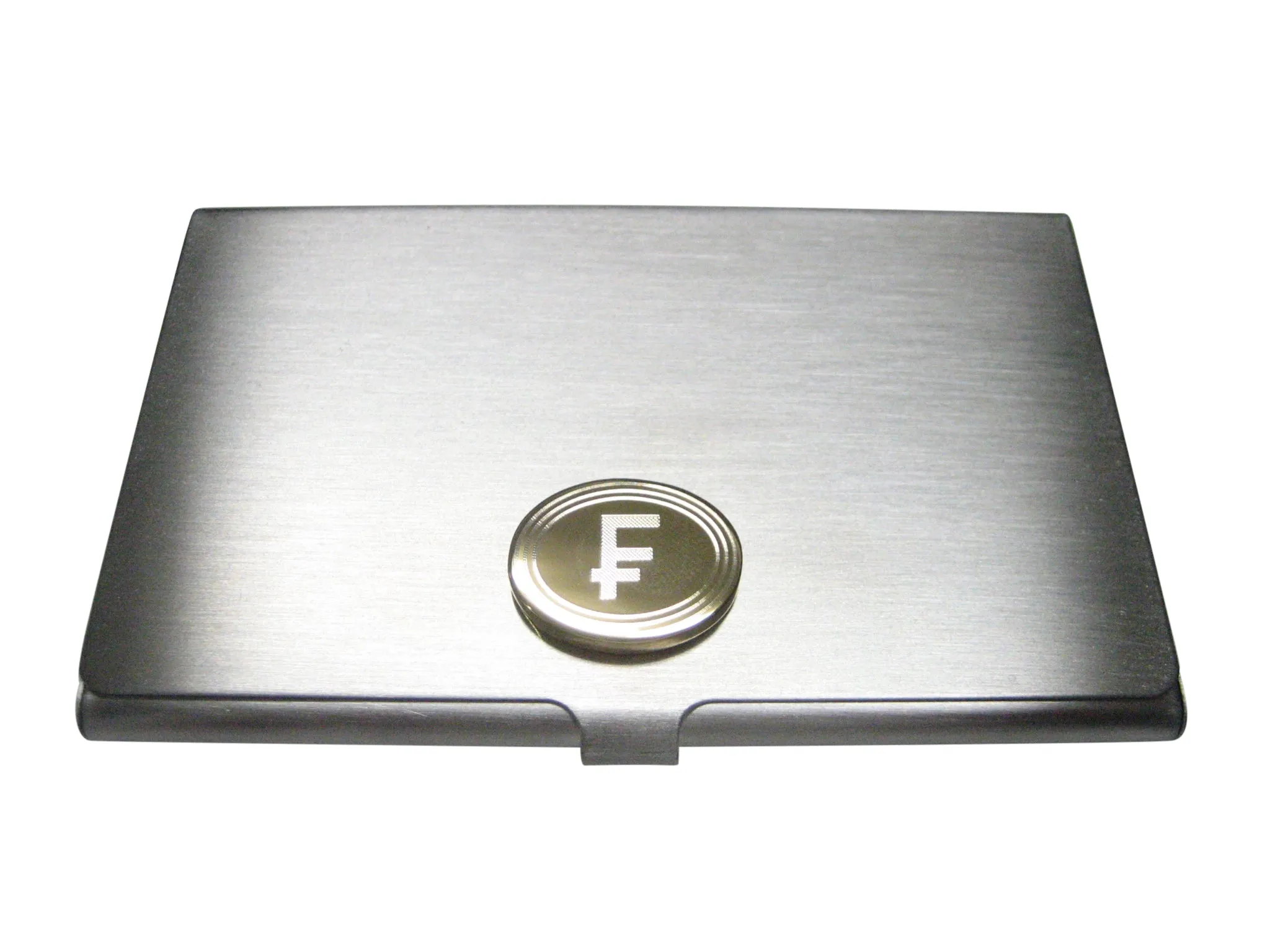 Gold Toned Etched Oval Swiss Franc Currency Sign Business Card Holder
