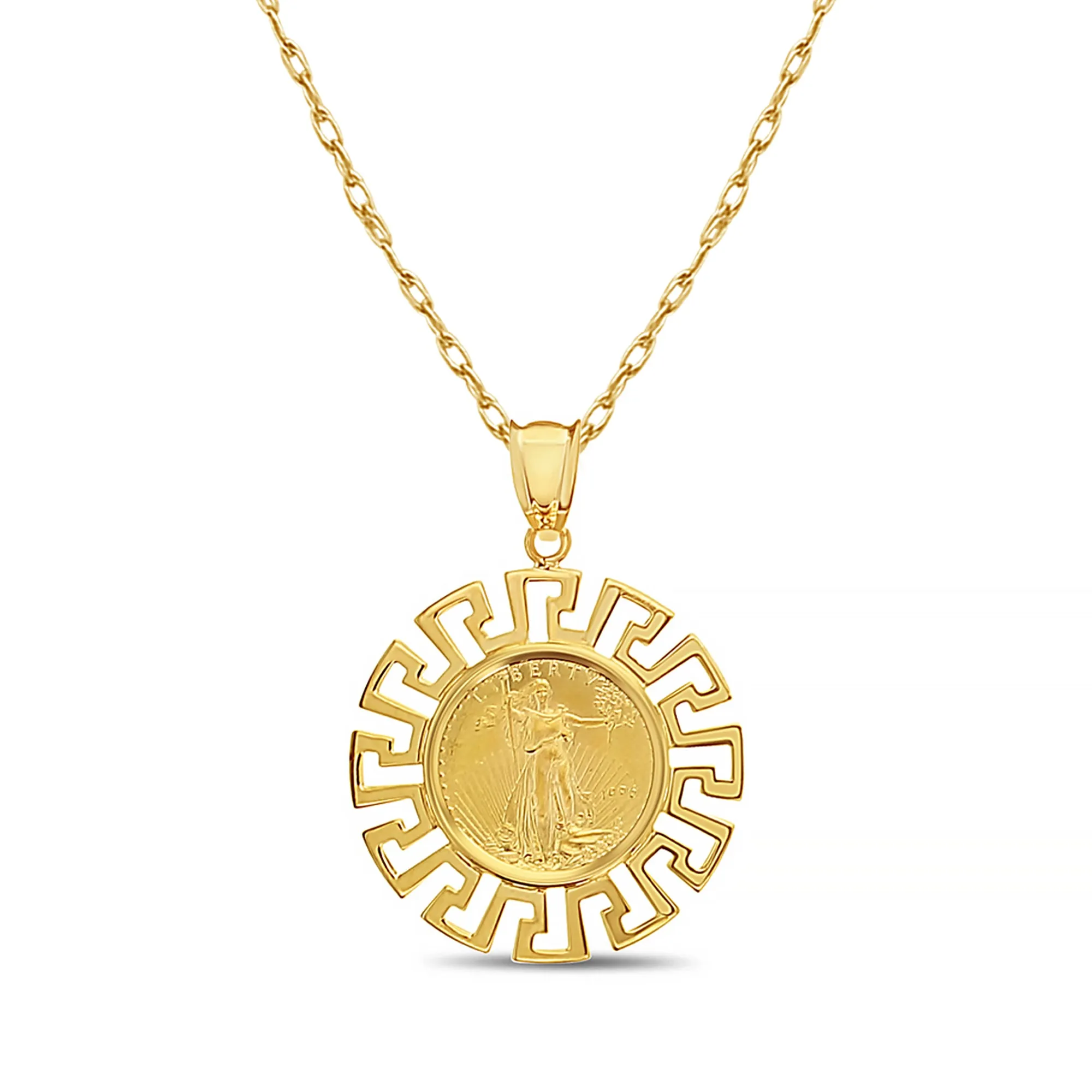 Greek Key Bezel 1/10OZ Lady Liberty Necklace 14k Yellow Gold