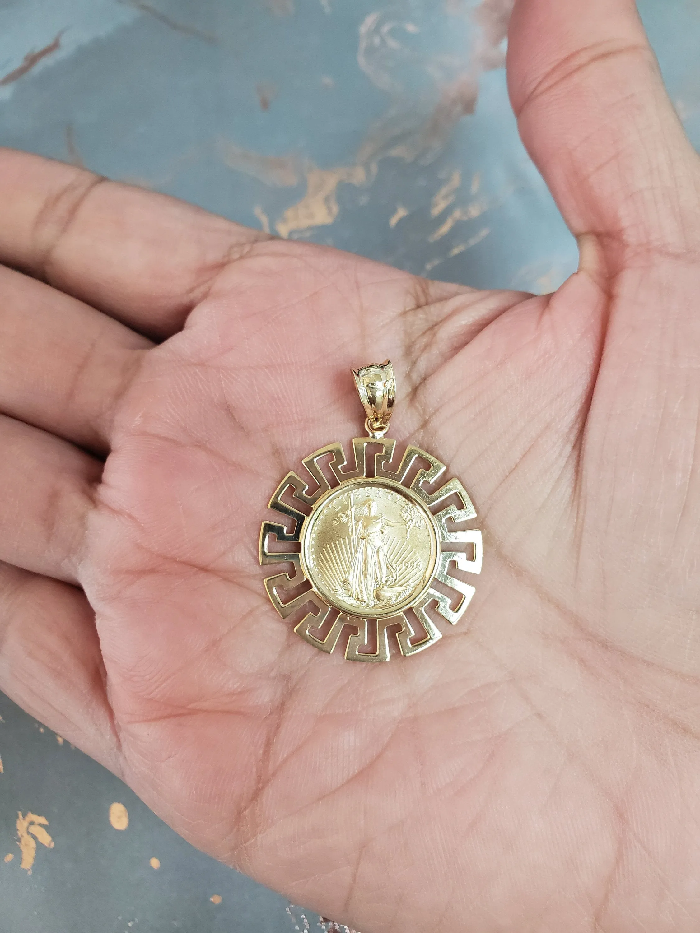 Greek Key Bezel 1/10OZ Lady Liberty Necklace 14k Yellow Gold