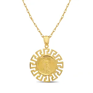 Greek Key Bezel 1/10OZ Lady Liberty Necklace 14k Yellow Gold
