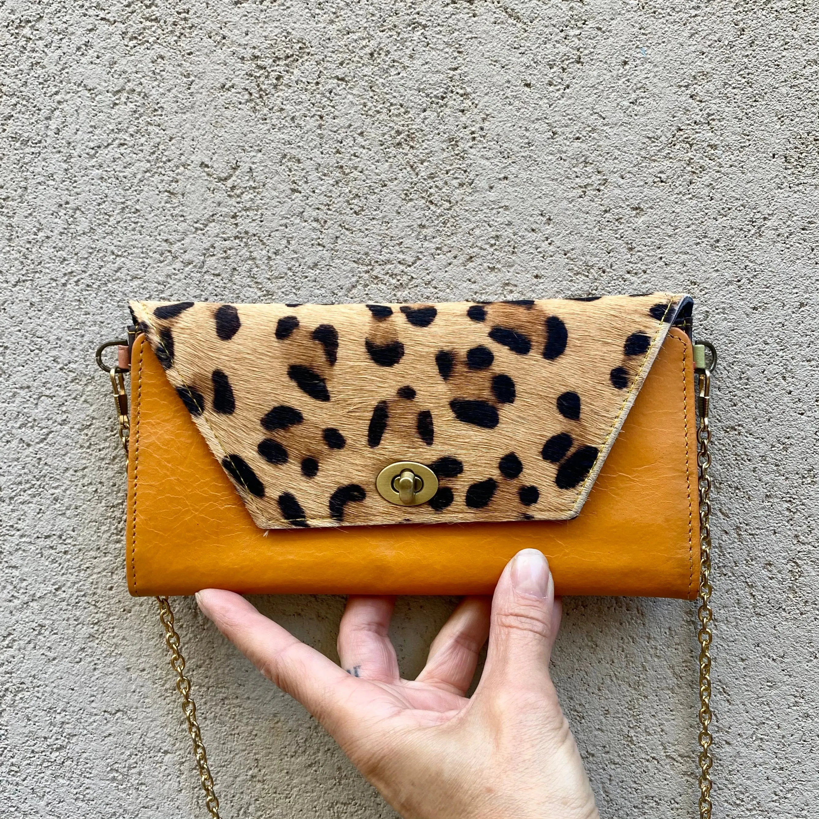 Harley Cowhide and Leather Crossbody Wallet Clutch - Apricot Tan, Leopard