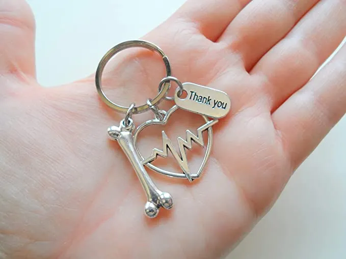 Heartbeat Medical Charm Keychain with Bone Charm; Doctor Office or Hospital Staff Thank you Keychain