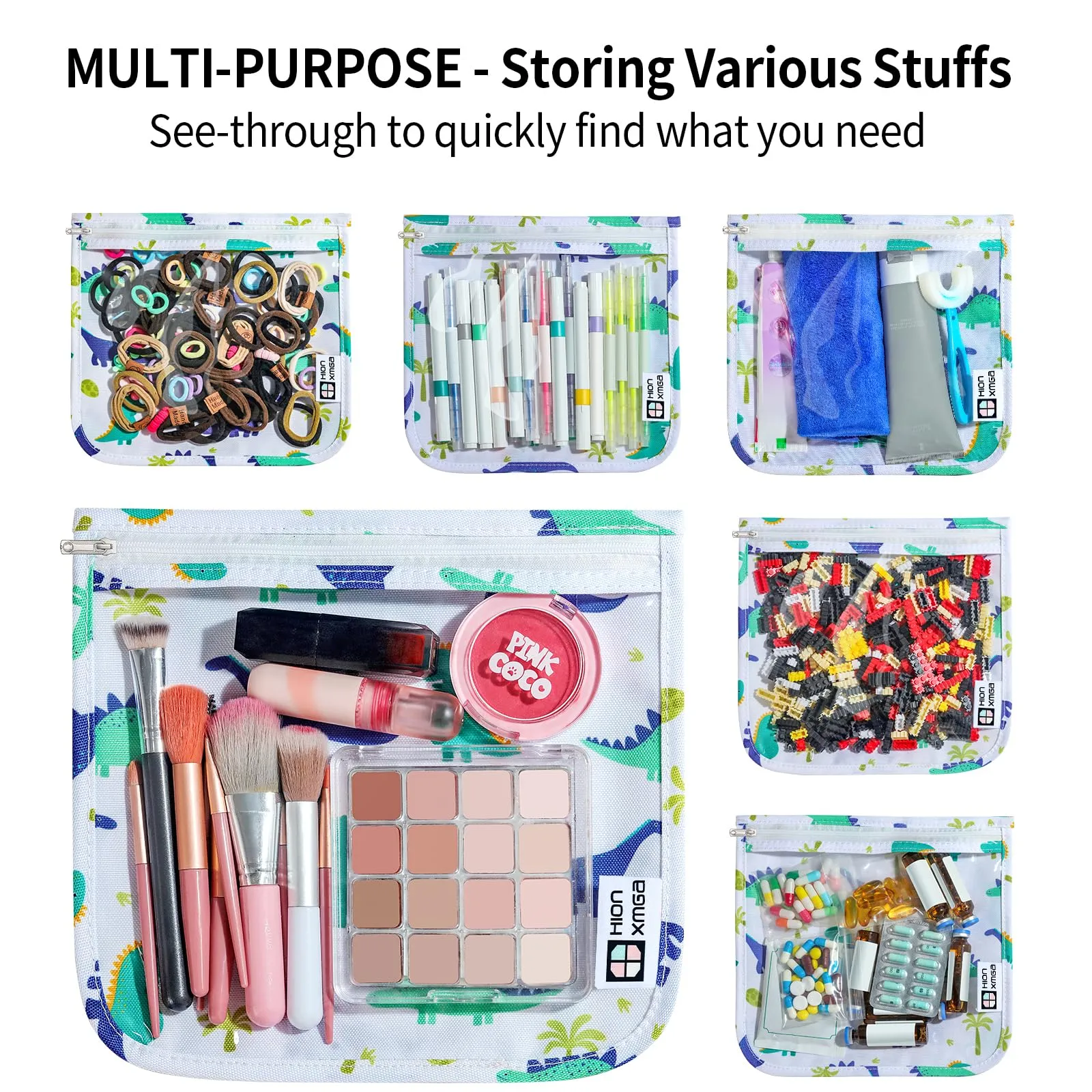 HIONXMGA TSA Approved Toiletry Bag, Set of 3 Clear Travel Toiletry Bag Quart Size Zipper Travel Pouch, Waterproof Makeup Cosmetic Bag for Women Men Kids Toiletries Carry on, Dinosaur Large