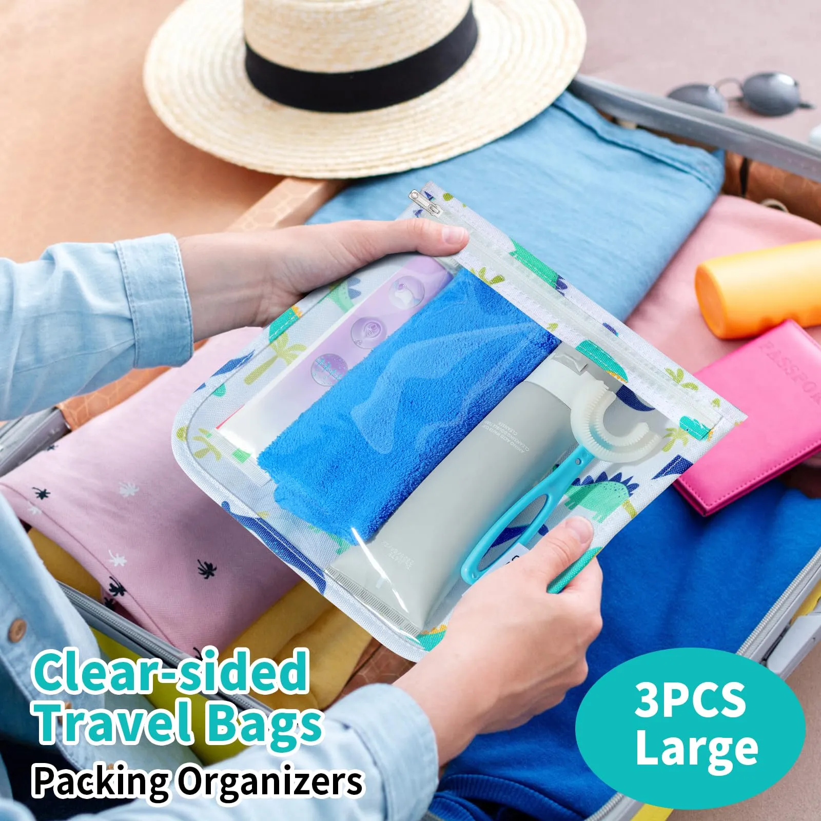 HIONXMGA TSA Approved Toiletry Bag, Set of 3 Clear Travel Toiletry Bag Quart Size Zipper Travel Pouch, Waterproof Makeup Cosmetic Bag for Women Men Kids Toiletries Carry on, Dinosaur Large