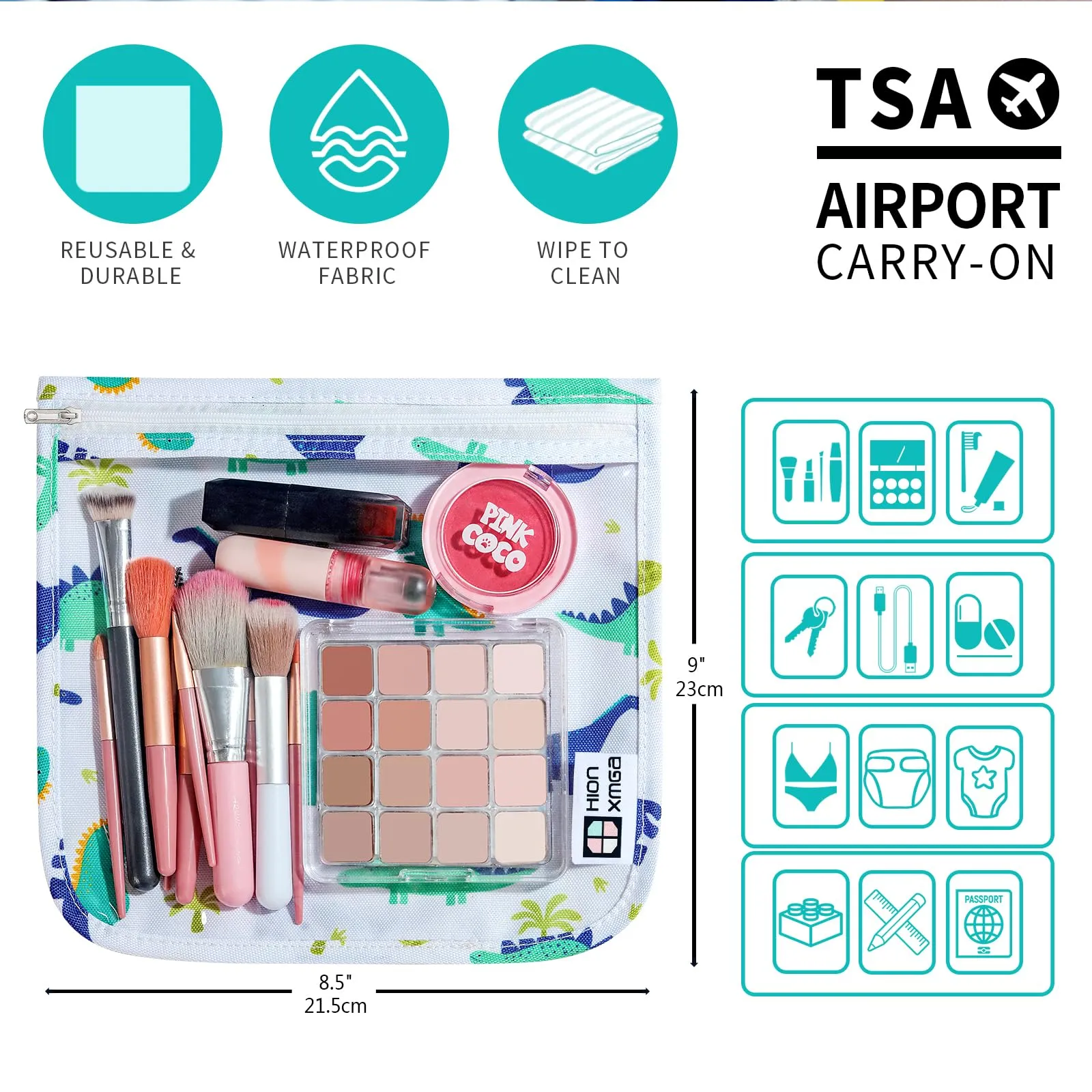 HIONXMGA TSA Approved Toiletry Bag, Set of 3 Clear Travel Toiletry Bag Quart Size Zipper Travel Pouch, Waterproof Makeup Cosmetic Bag for Women Men Kids Toiletries Carry on, Dinosaur Large