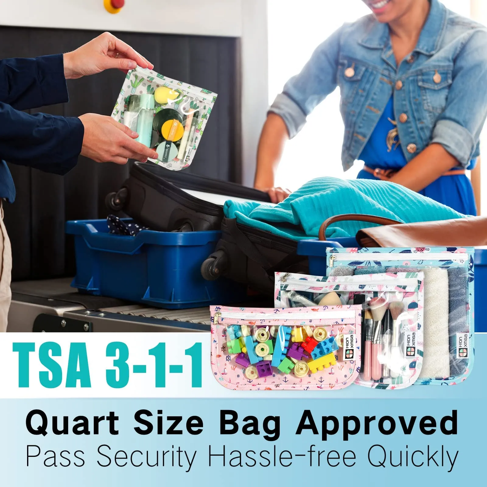 HIONXMGA TSA Approved Toiletry Bag, Set of 3 Clear Travel Toiletry Bag Quart Size Zipper Travel Pouch, Waterproof Makeup Cosmetic Bag for Women Men Kids Toiletries Carry on, Floral World