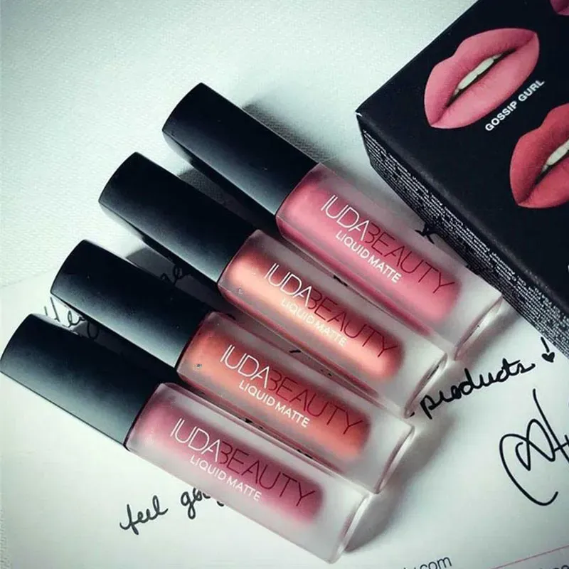 Huda Beauty 3g 4pcs Matte Lip Gloss Kit Waterproof Lip Glaze Tint Non-stick Non-Fading Lipstick Lip Makeup Cosmetic Lip Care