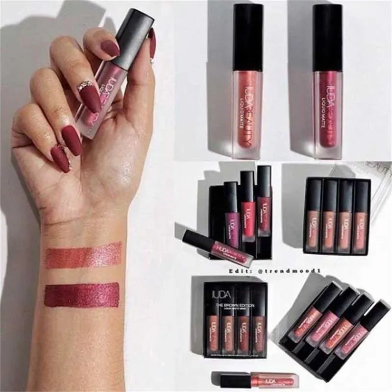 Huda Beauty 3g 4pcs Matte Lip Gloss Kit Waterproof Lip Glaze Tint Non-stick Non-Fading Lipstick Lip Makeup Cosmetic Lip Care