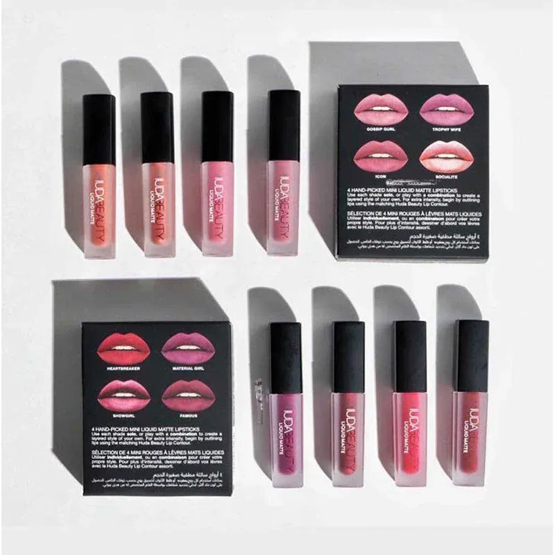 Huda Beauty 3g 4pcs Matte Lip Gloss Kit Waterproof Lip Glaze Tint Non-stick Non-Fading Lipstick Lip Makeup Cosmetic Lip Care