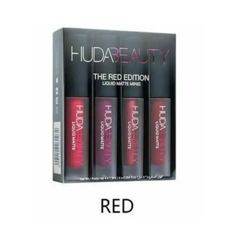 Huda Beauty 3g 4pcs Matte Lip Gloss Kit Waterproof Lip Glaze Tint Non-stick Non-Fading Lipstick Lip Makeup Cosmetic Lip Care
