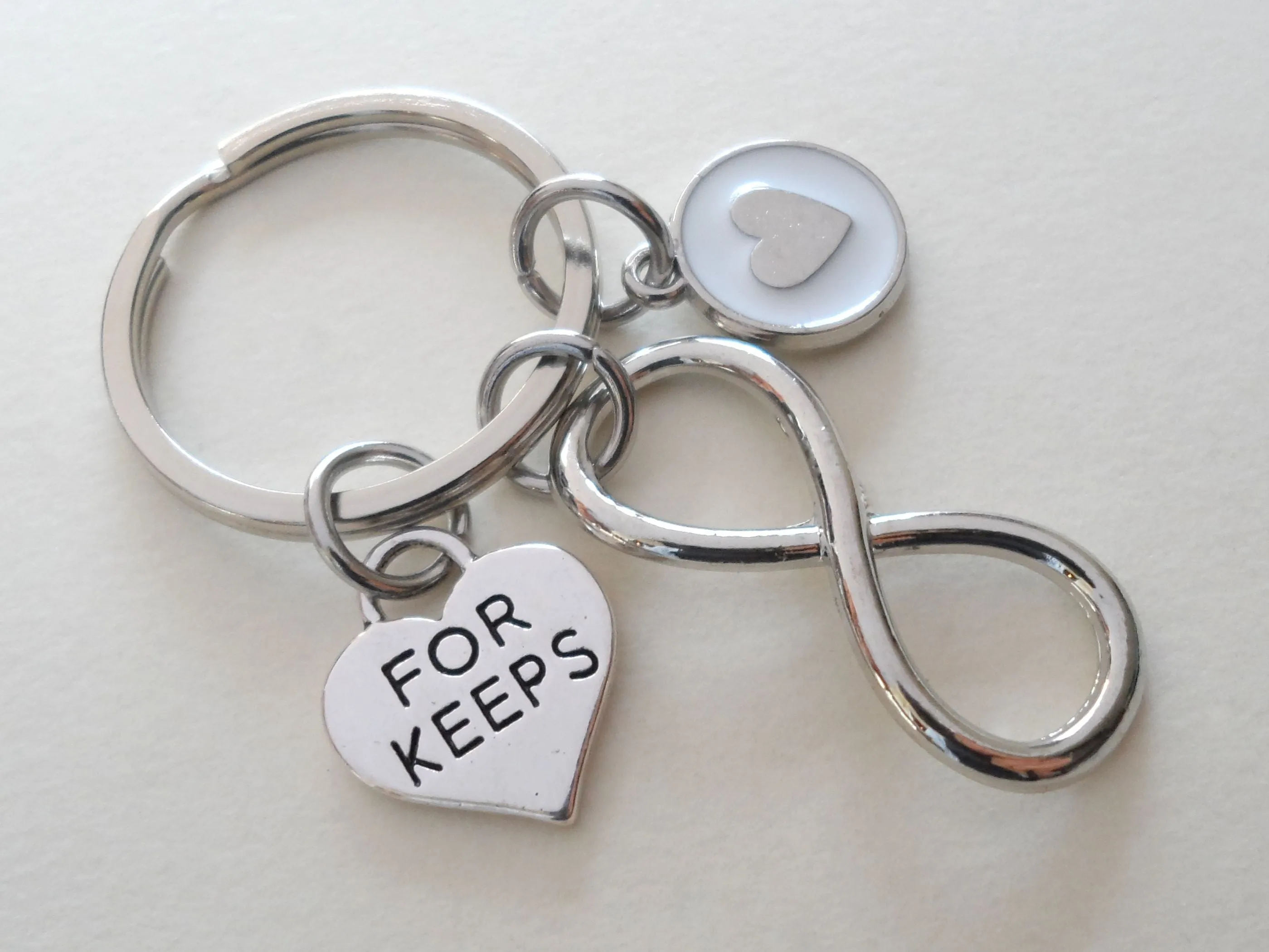 Infinity Symbol Keychain with "For Keeps" Heart & Heart Charm- You & Me For Infinity; Couples Keychain