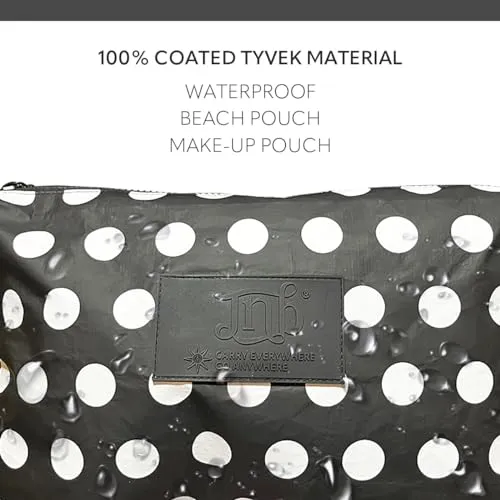 JNB 100% Coated Tyvek Material Polka Dot Beach Pouch, Waterproof Pouch for Beach, Make-up, Wet Dry Bag,Clutch, Bk01