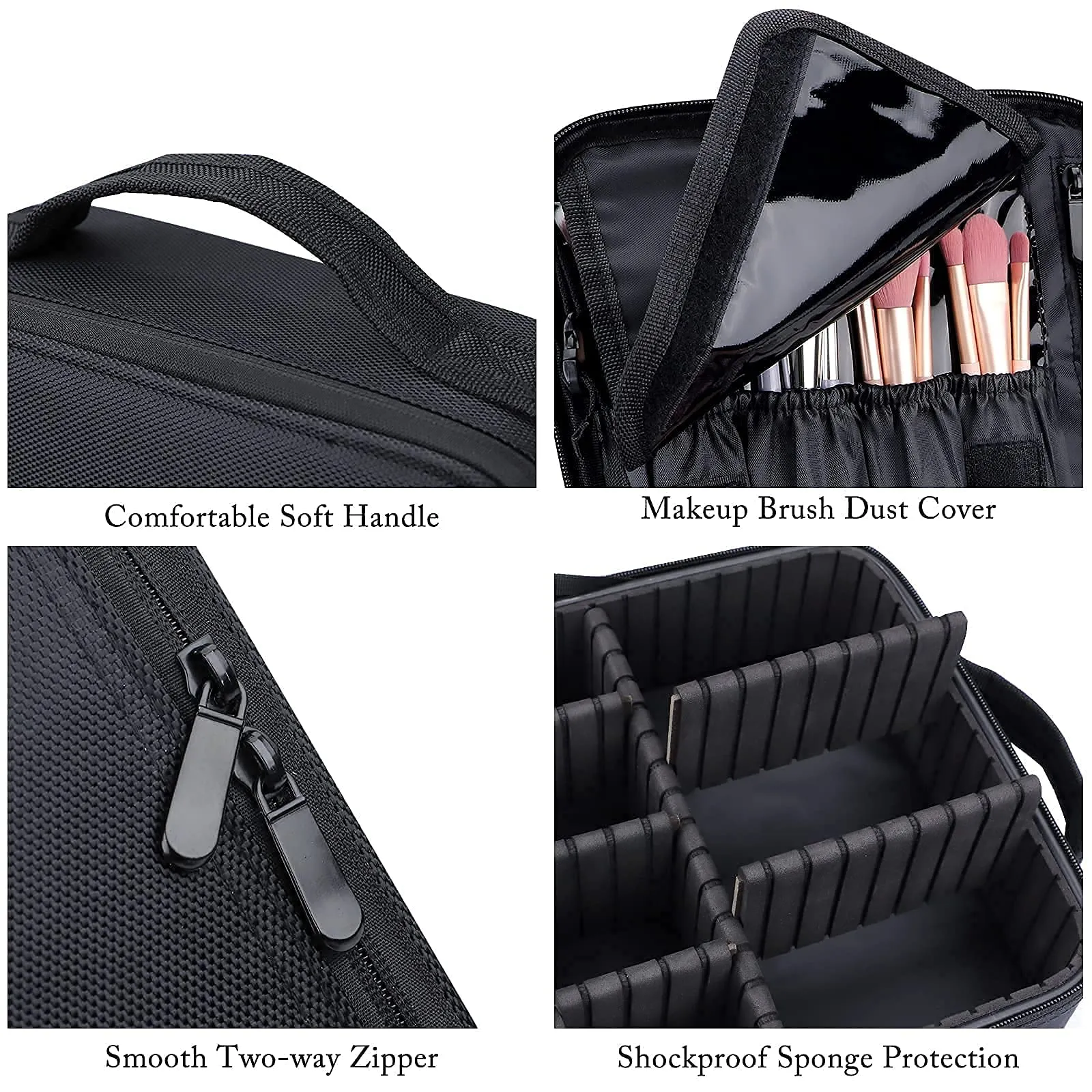 JOURMON Travel Makeup Bag, Large Capacity Cosmetic Train Case for Women Portable Pouch Open Flat Artist Brushes Toiletry Jewelry Digital Organizer Storage Bag with Adjustable Dividers (Black,S)