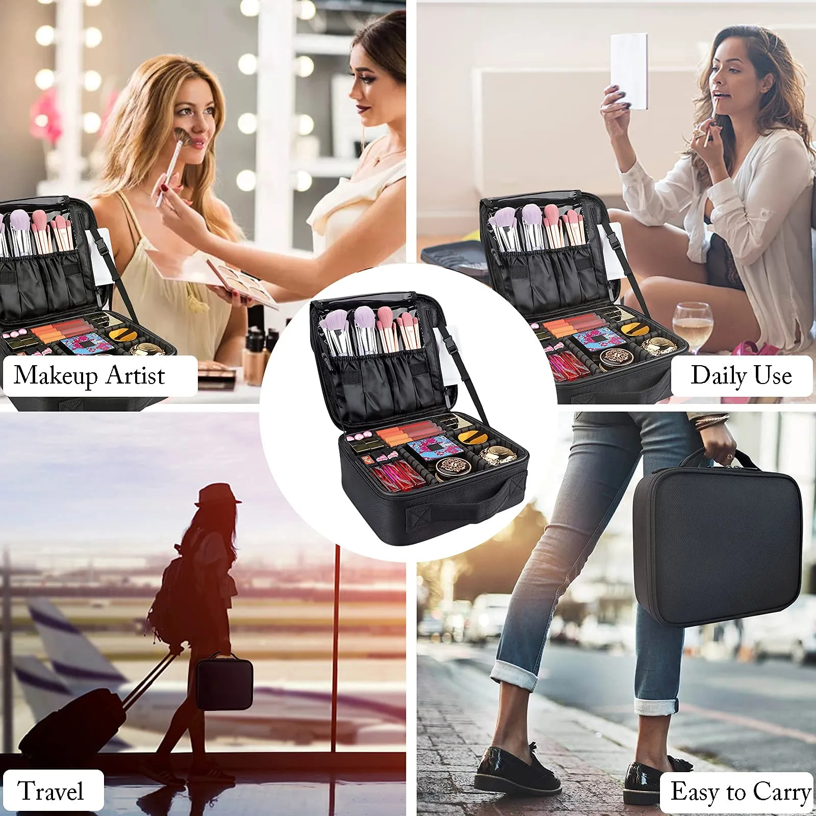 JOURMON Travel Makeup Bag, Large Capacity Cosmetic Train Case for Women Portable Pouch Open Flat Artist Brushes Toiletry Jewelry Digital Organizer Storage Bag with Adjustable Dividers (Black,S)