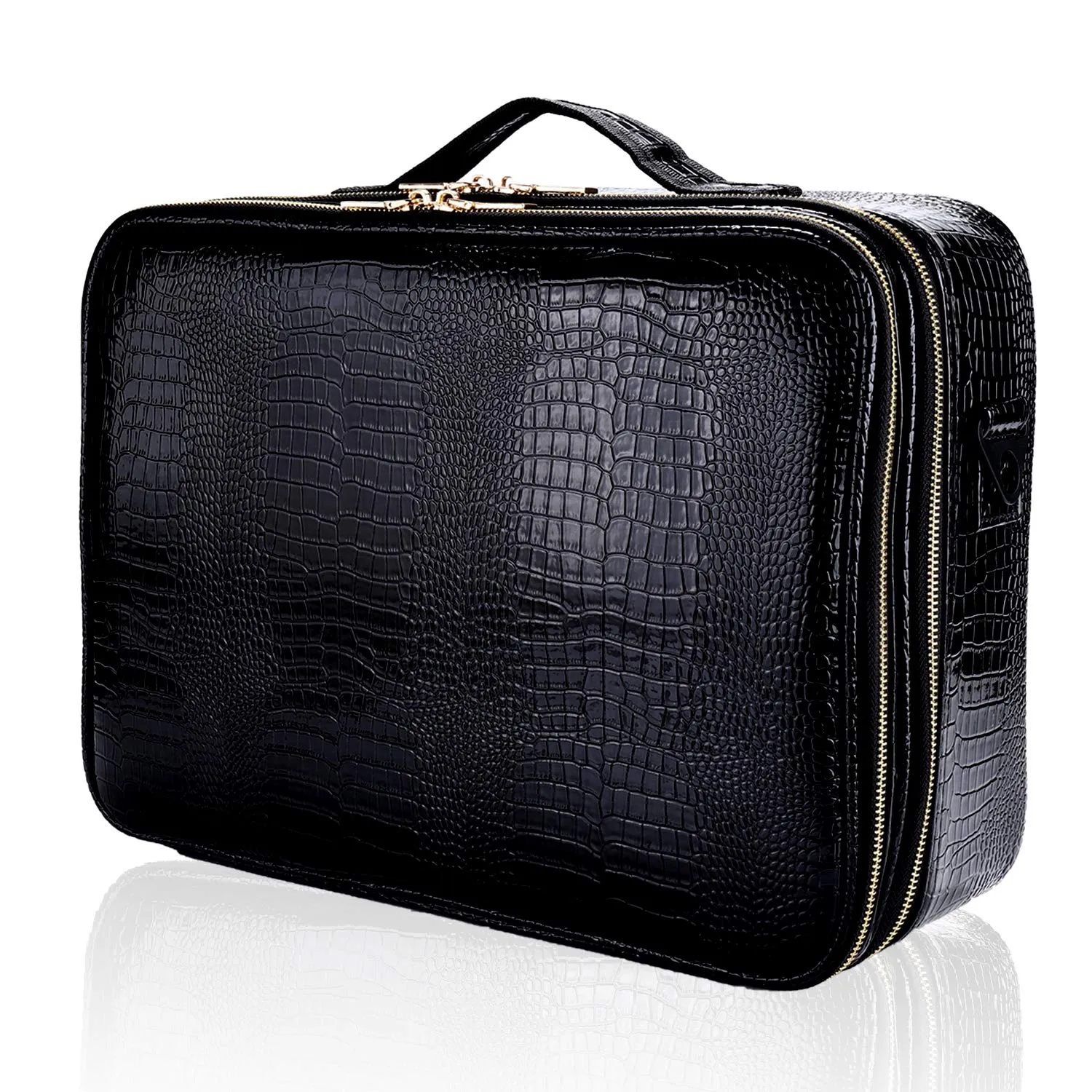 JOURMON Travel Makeup Case Portable Makeup Train Case Organizer Cosmetic Bag with Adjustable Dividers and Shoulder Strap for Makeup Brushes Toiletry Travel Accessories(Crocodile Pattern Black, L)