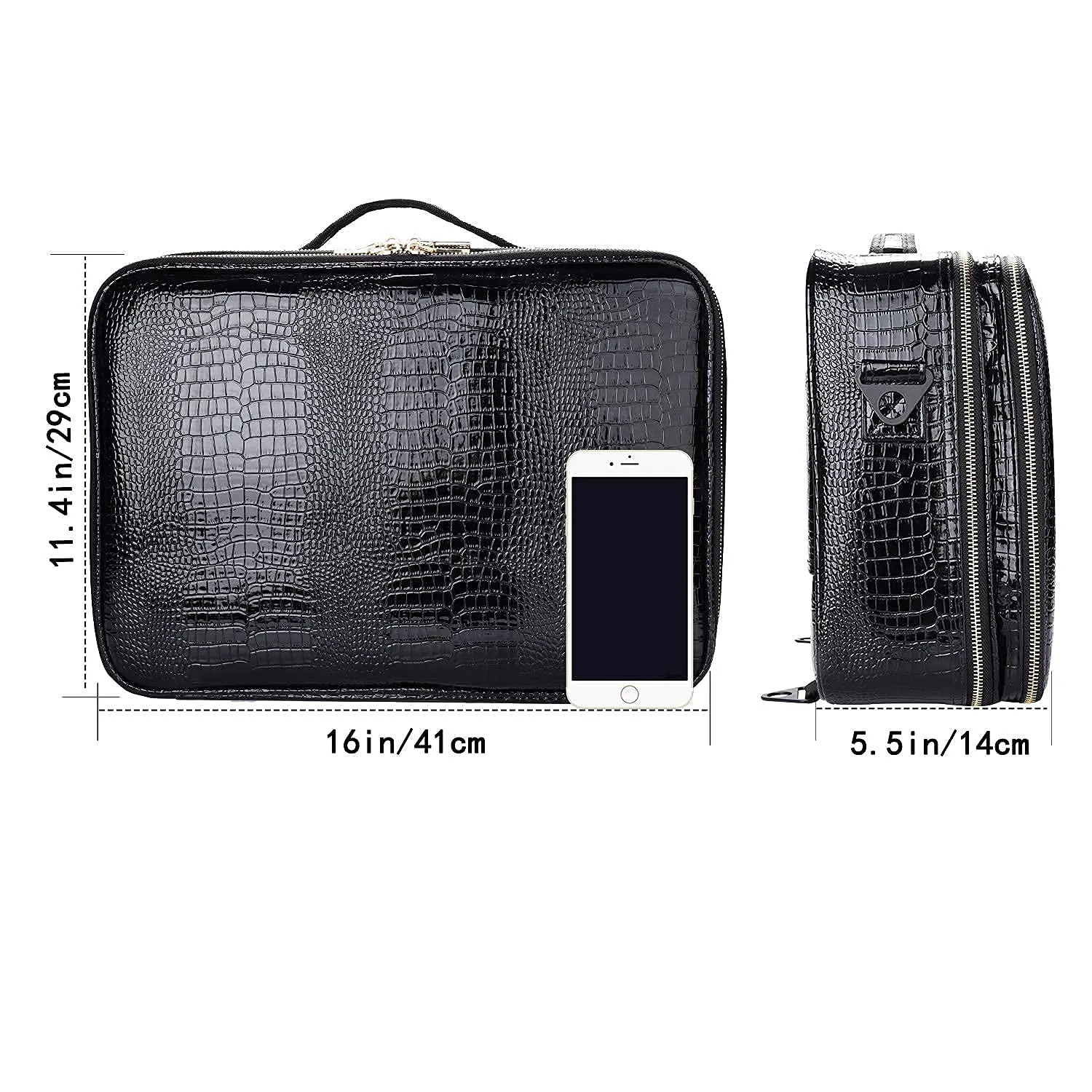 JOURMON Travel Makeup Case Portable Makeup Train Case Organizer Cosmetic Bag with Adjustable Dividers and Shoulder Strap for Makeup Brushes Toiletry Travel Accessories(Crocodile Pattern Black, L)