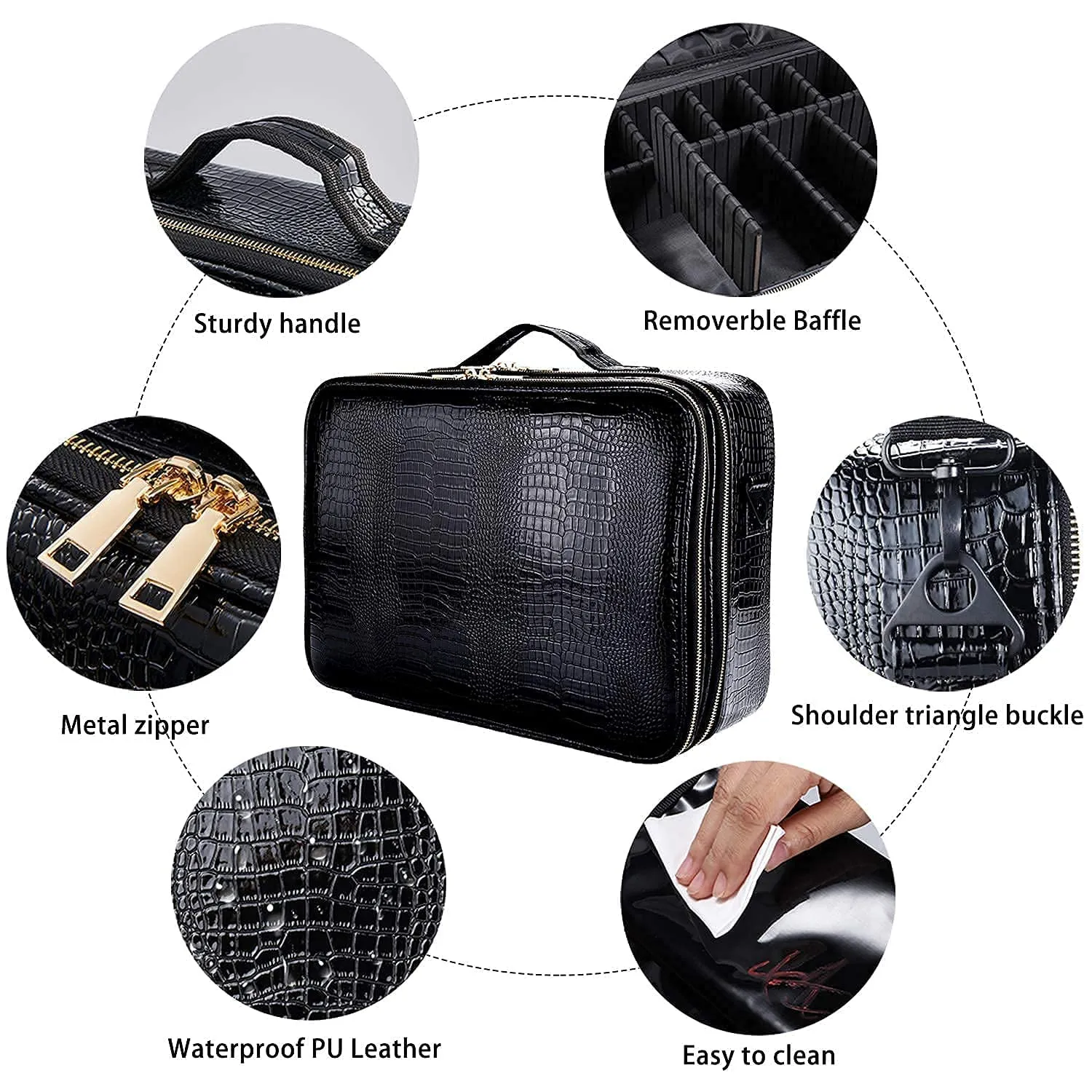 JOURMON Travel Makeup Case Portable Makeup Train Case Organizer Cosmetic Bag with Adjustable Dividers and Shoulder Strap for Makeup Brushes Toiletry Travel Accessories(Crocodile Pattern Black, L)
