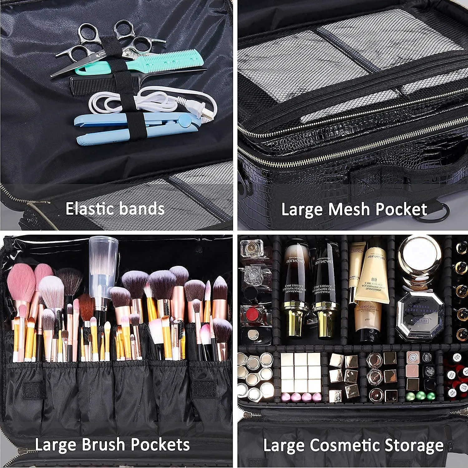 JOURMON Travel Makeup Case Portable Makeup Train Case Organizer Cosmetic Bag with Adjustable Dividers and Shoulder Strap for Makeup Brushes Toiletry Travel Accessories(Crocodile Pattern Black, L)