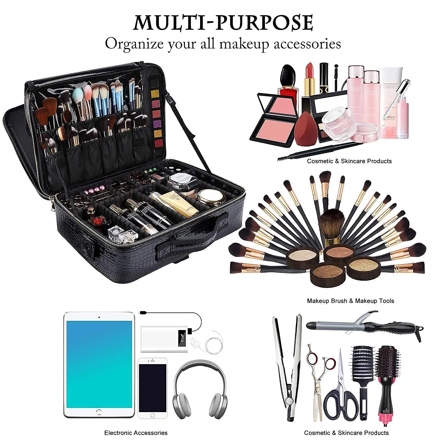 JOURMON Travel Makeup Case Portable Makeup Train Case Organizer Cosmetic Bag with Adjustable Dividers and Shoulder Strap for Makeup Brushes Toiletry Travel Accessories(Crocodile Pattern Black, L)