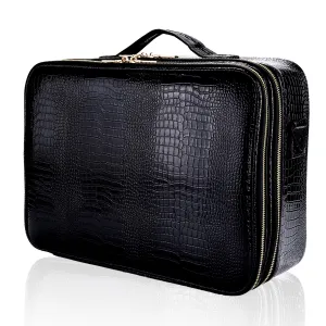 JOURMON Travel Makeup Case Portable Makeup Train Case Organizer Cosmetic Bag with Adjustable Dividers and Shoulder Strap for Makeup Brushes Toiletry Travel Accessories(Crocodile Pattern Black, L)