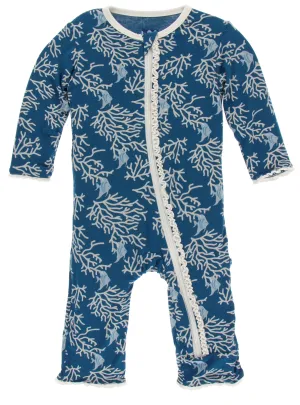 KicKee Pants Twilight Coral Fans Muffin Ruffle Coverall with Zipper