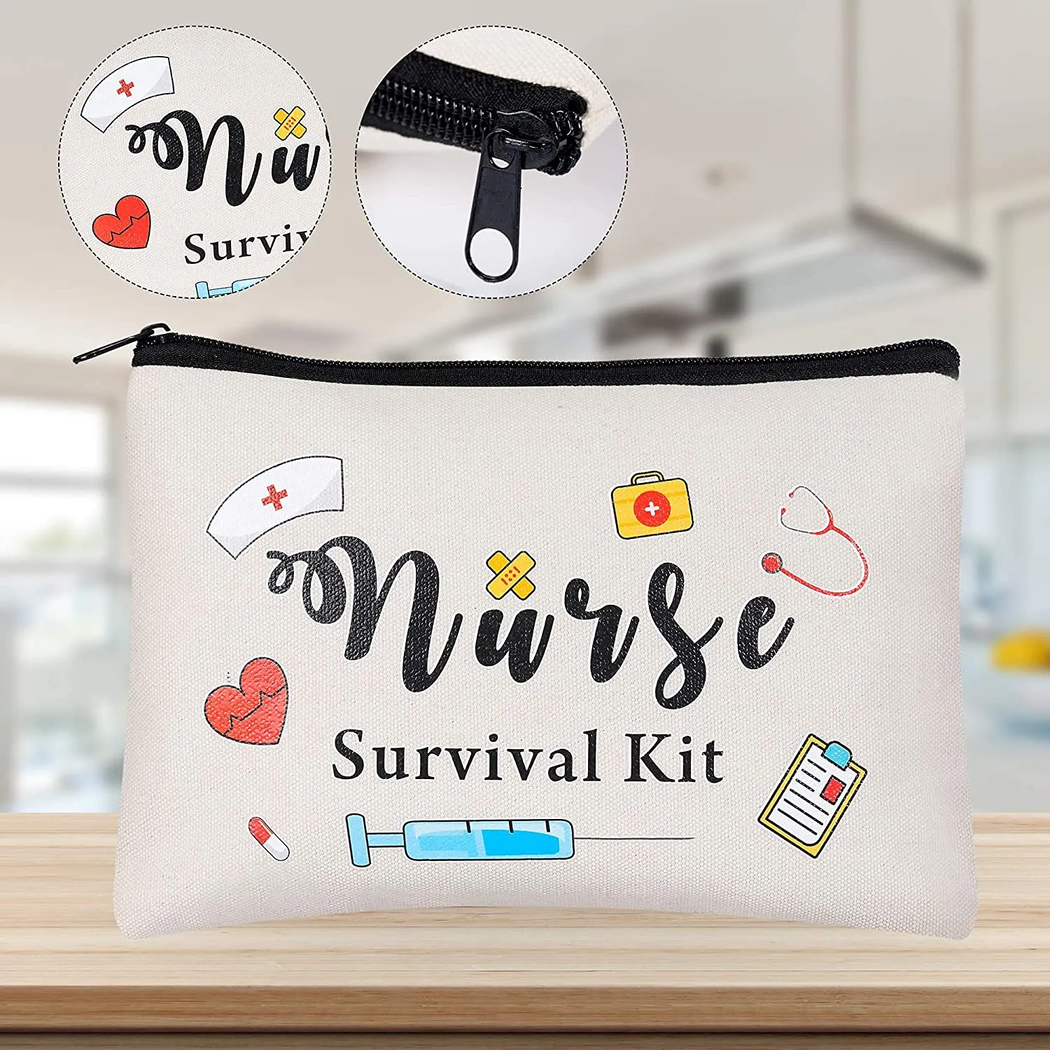 Kolewo4ever 16pc Nurse Appreciation Gifts: Nurse Survival Kit Cosmetic Bags - White, Waterproof, Polyester Cotton, Zipper Closure, Travel, Women's Cosmetic Case