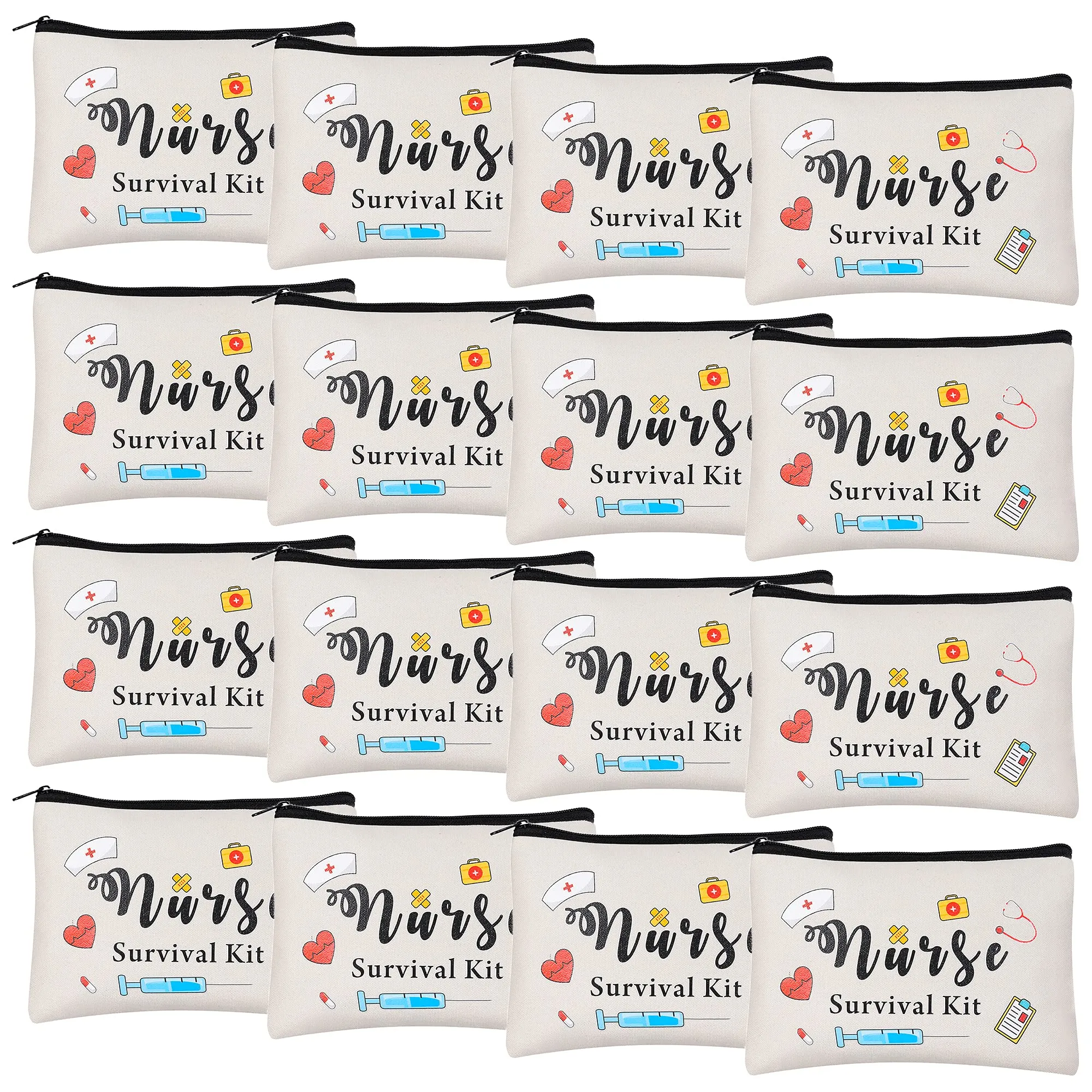Kolewo4ever 16pc Nurse Appreciation Gifts: Nurse Survival Kit Cosmetic Bags - White, Waterproof, Polyester Cotton, Zipper Closure, Travel, Women's Cosmetic Case