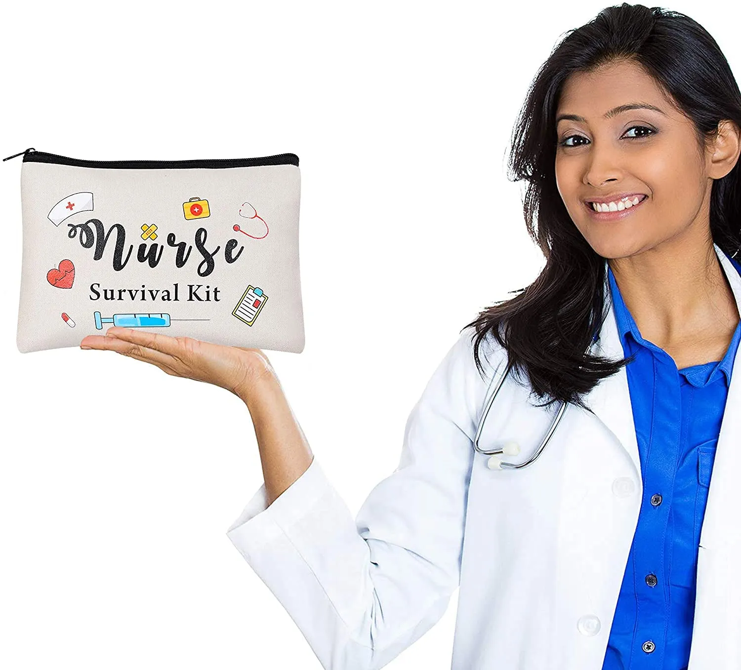 Kolewo4ever 16pc Nurse Appreciation Gifts: Nurse Survival Kit Cosmetic Bags - White, Waterproof, Polyester Cotton, Zipper Closure, Travel, Women's Cosmetic Case