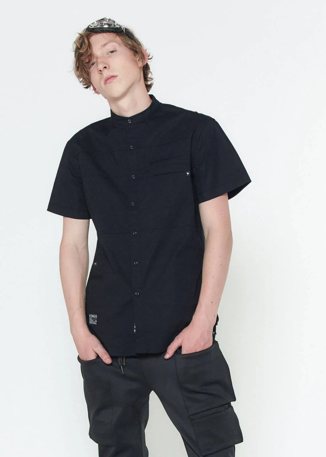 Konus Men's Short Sleeve Band Collar Shirt w/ Panels  in Black by Shop at Konus
